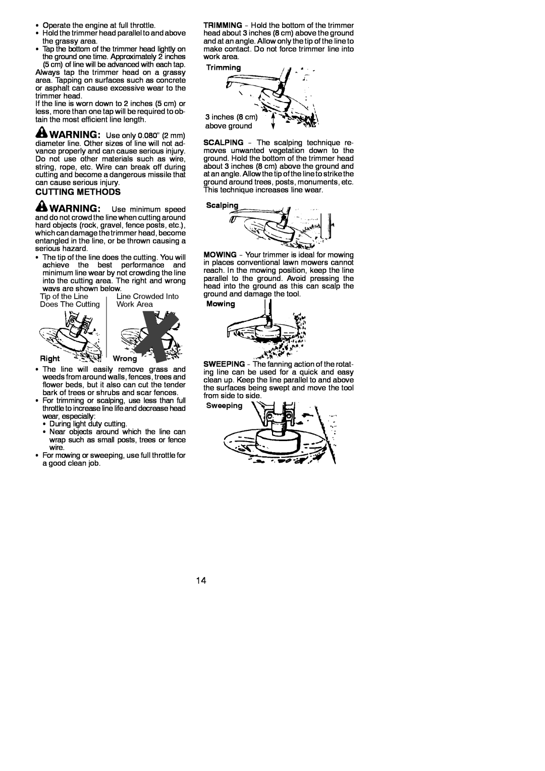 Poulan 952711882, PP46ET instruction manual Cutting Methods, Trimming, Scalping, Right, Wrong, Mowing, Sweeping 