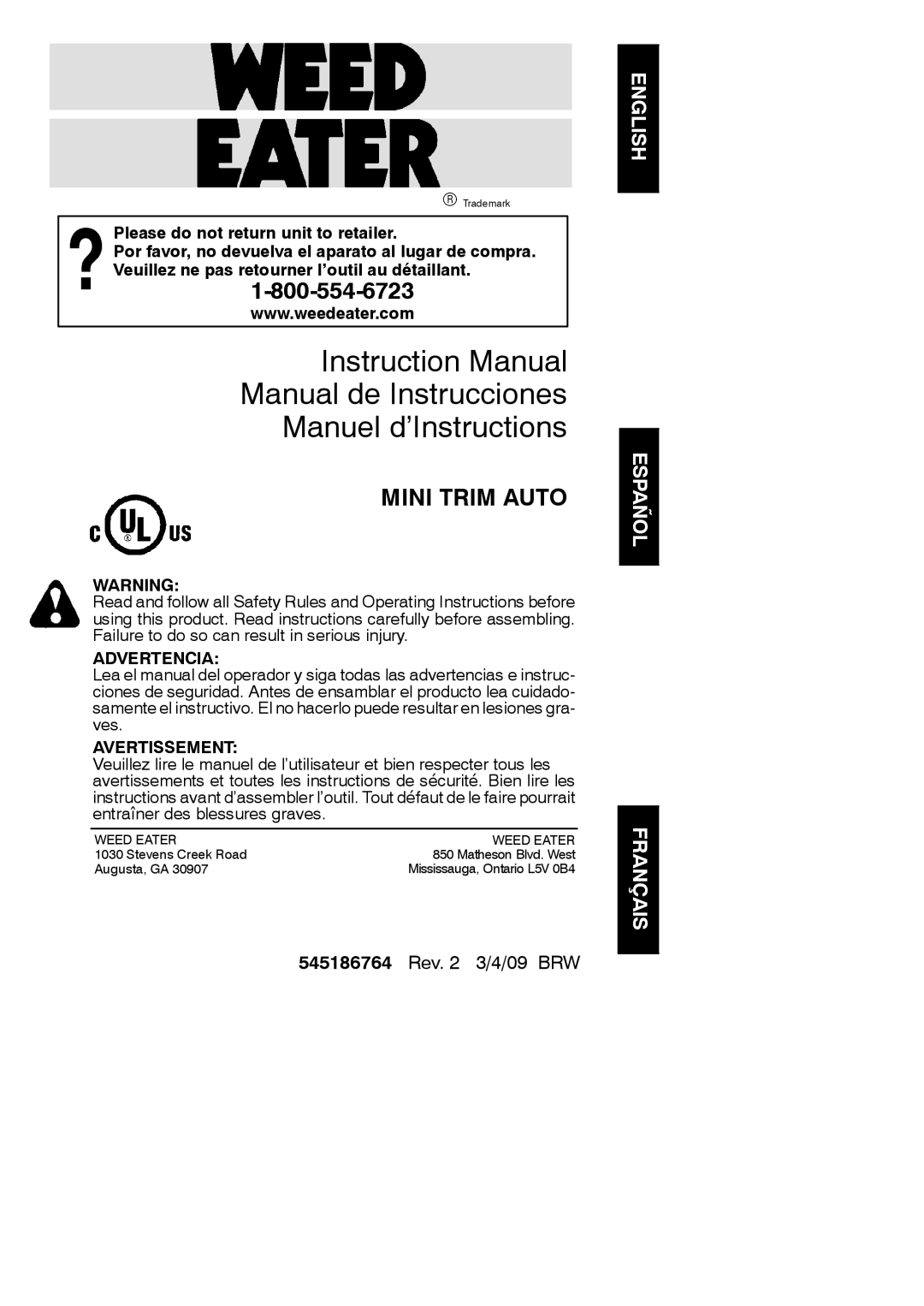 Poulan 545186764, 952711894 instruction manual Advertencia, Avertissement 