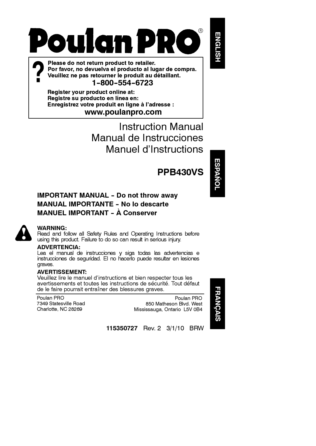 Poulan 115350727, 952711904 instruction manual Manual de Instrucciones Manuel d’Instructions 