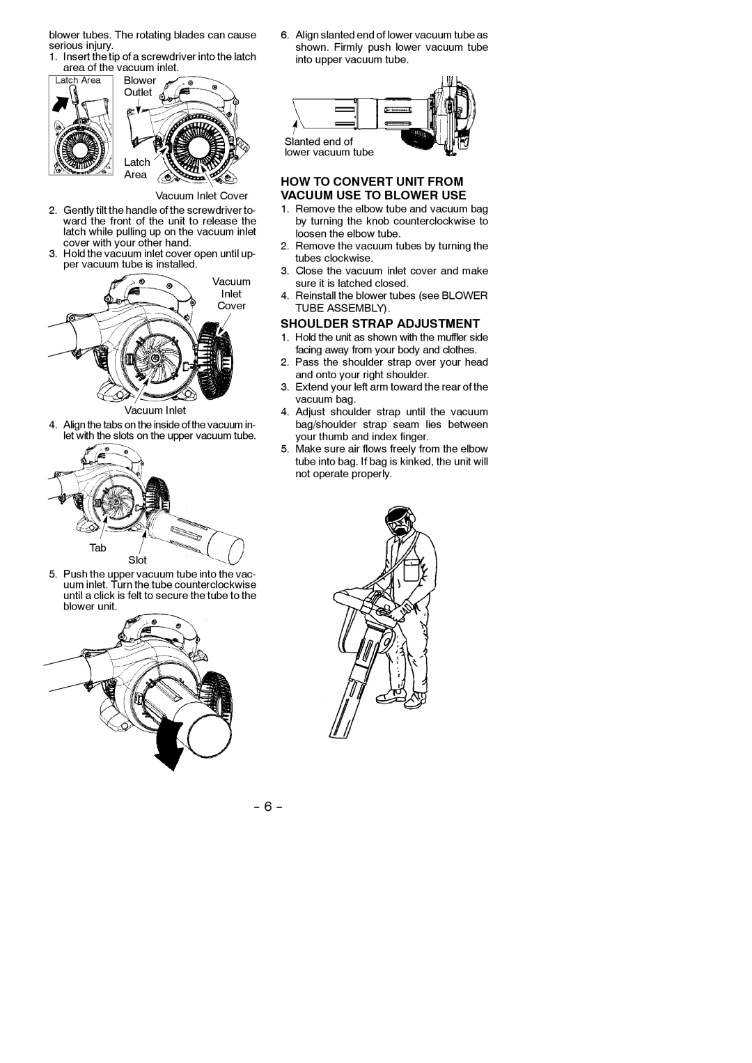 Poulan 952711904, 115350727 instruction manual HOW to Convert Unit from Vacuum USE to Blower USE, Shoulder Strap Adjustment 