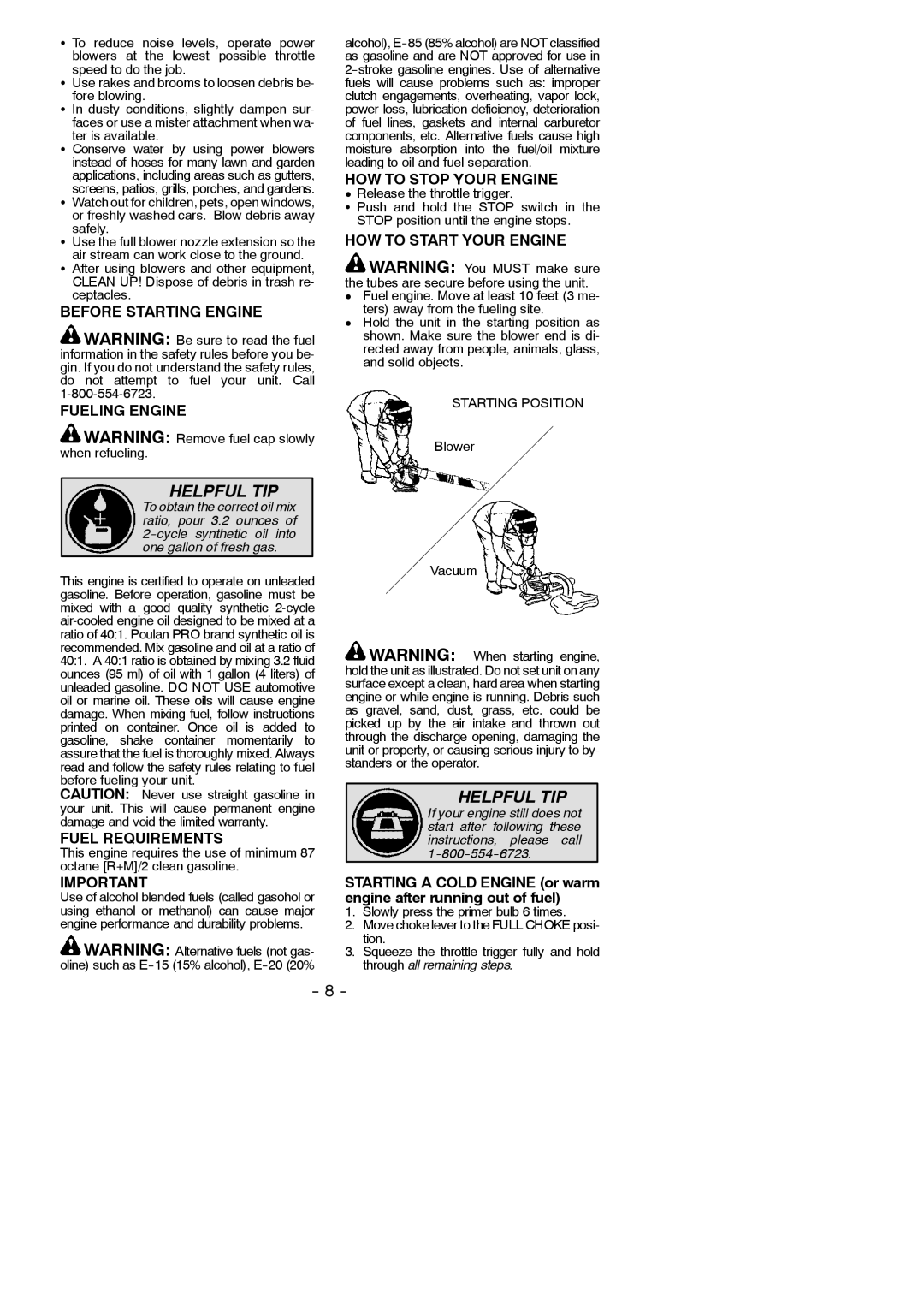 Poulan 952711904, 115350727 Before Starting Engine Fueling Engine, Fuel Requirements, HOW to Stop Your Engine, Safely 