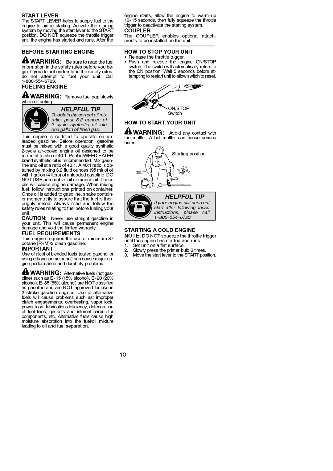 Poulan 952711928 Start Lever, Coupler, Before Starting Engine Fueling Engine, Fuel Requirements, HOW to Stop Your Unit 