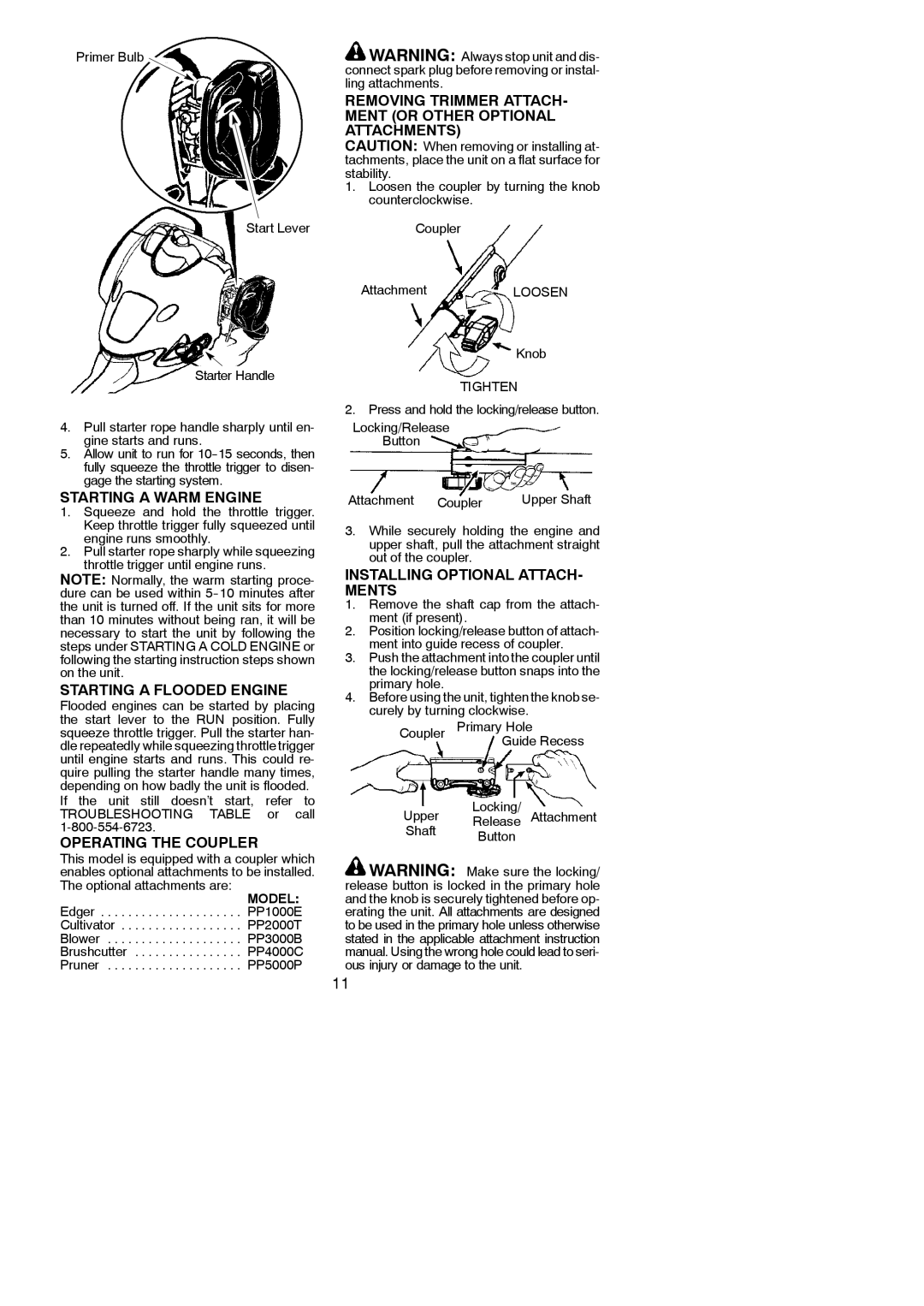 Poulan 115270526 Removing Trimmer Attach Ment or Other Optional Attachments, Starting a Warm Engine, Operating the Coupler 