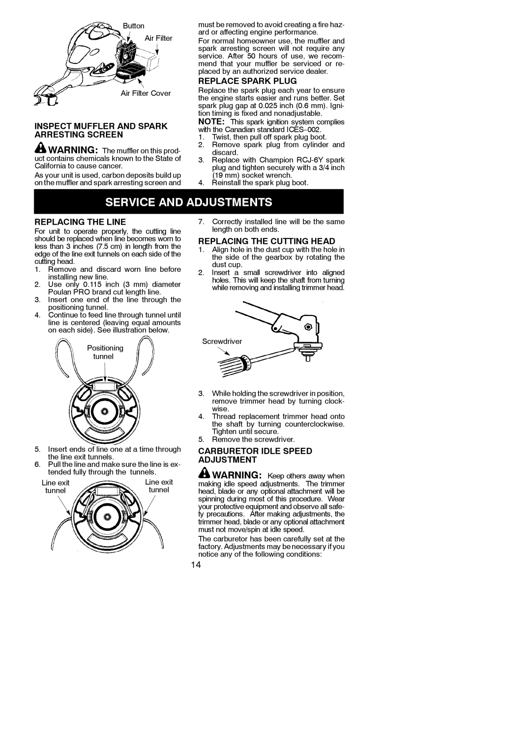 Poulan 952711928, 115270526 instruction manual Service and Adjustments 