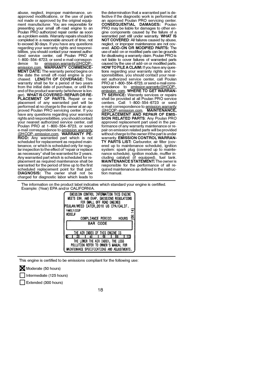 Poulan 952711928, 115270526 instruction manual Intermediate 125 hours Extended 300 hours 