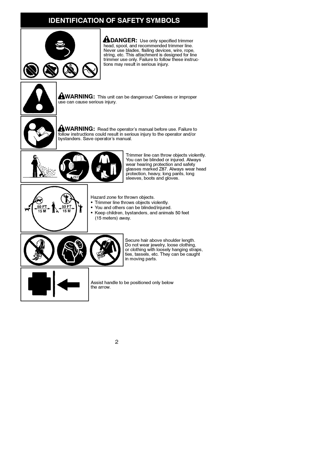 Poulan 952711928, 115270526 instruction manual Identification of Safety Symbols, Hazard zone for thrown objects 