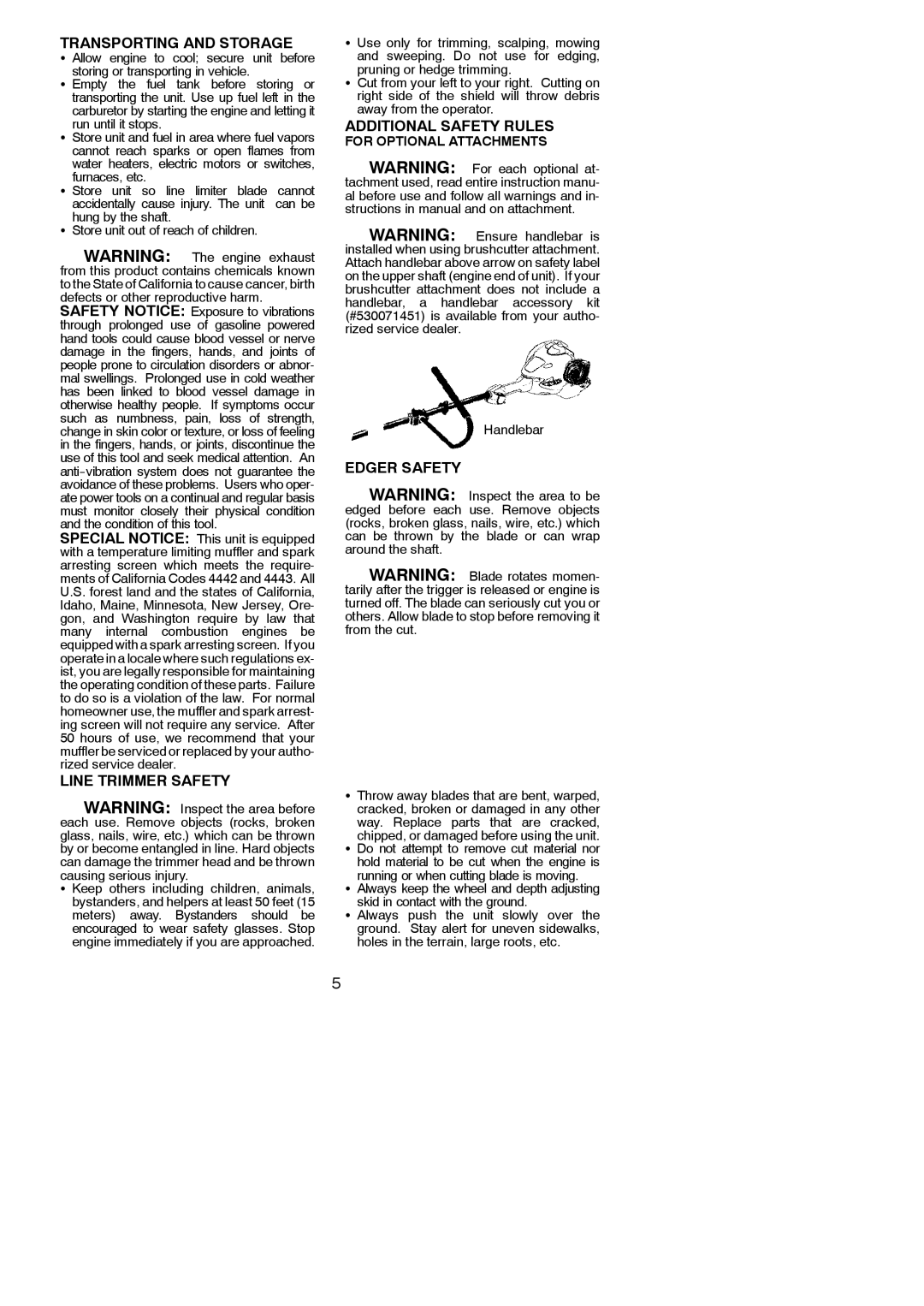 Poulan 115270526 Transporting and Storage, Line Trimmer Safety, Additional Safety Rules, Edger Safety, Handlebar 