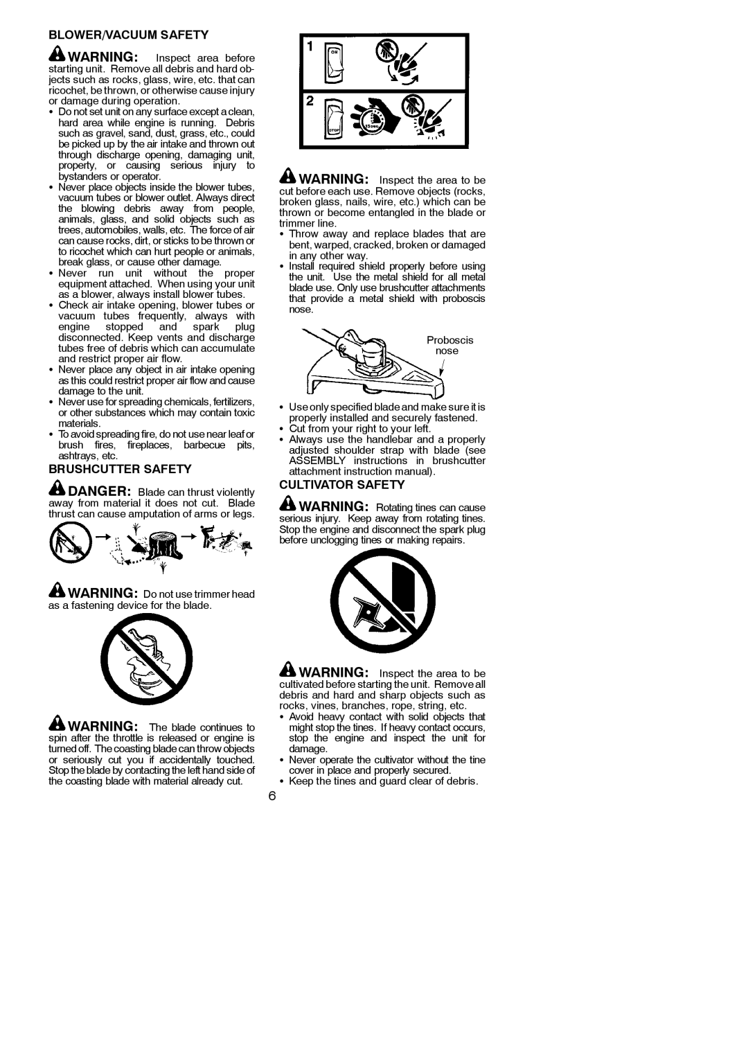 Poulan 952711928, 115270526 instruction manual BLOWER/VACUUM Safety, Brushcutter Safety, Cultivator Safety 