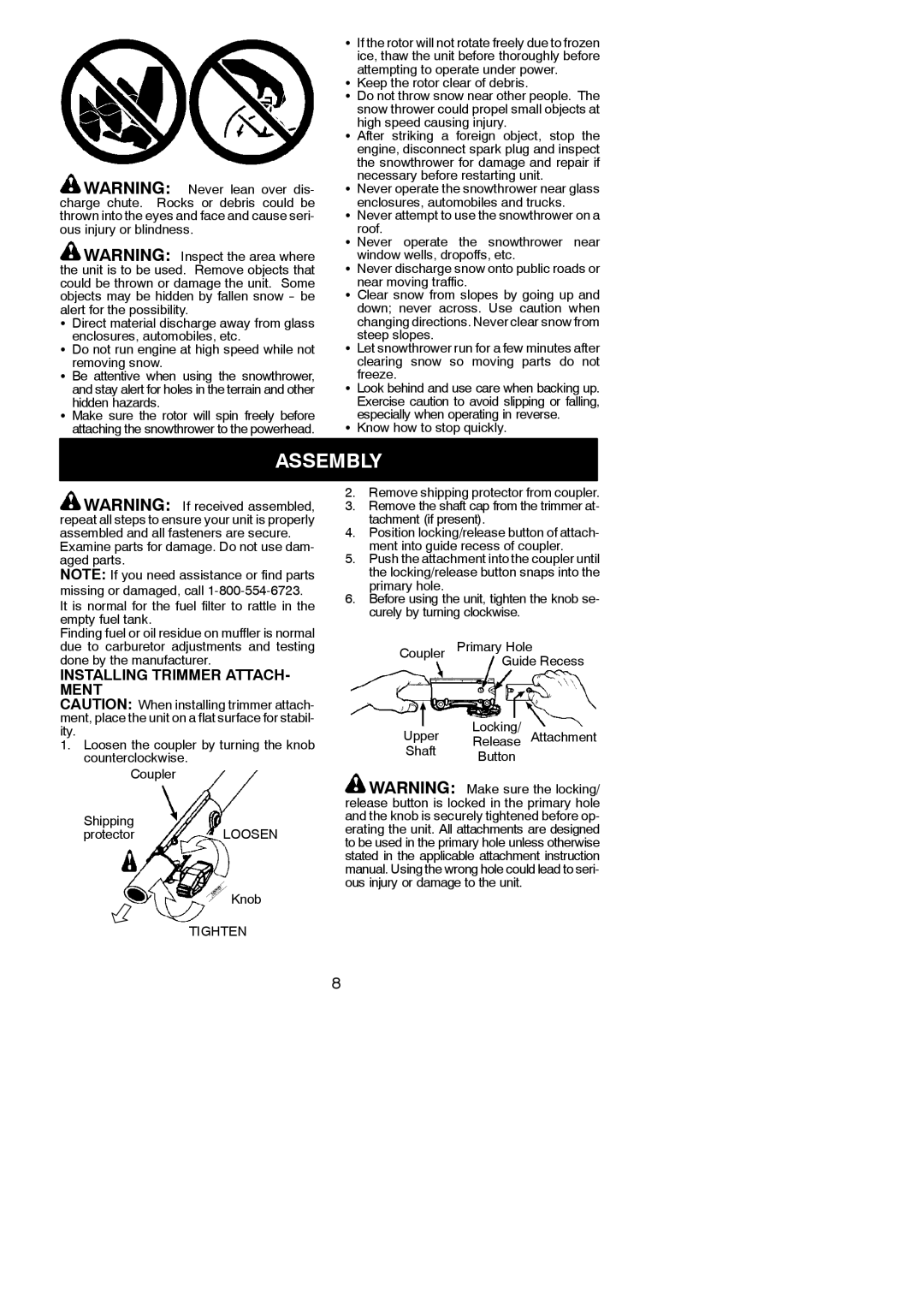 Poulan 952711928, 115270526 instruction manual Assembly, Installing Trimmer ATTACH- Ment, Know how to stop quickly 