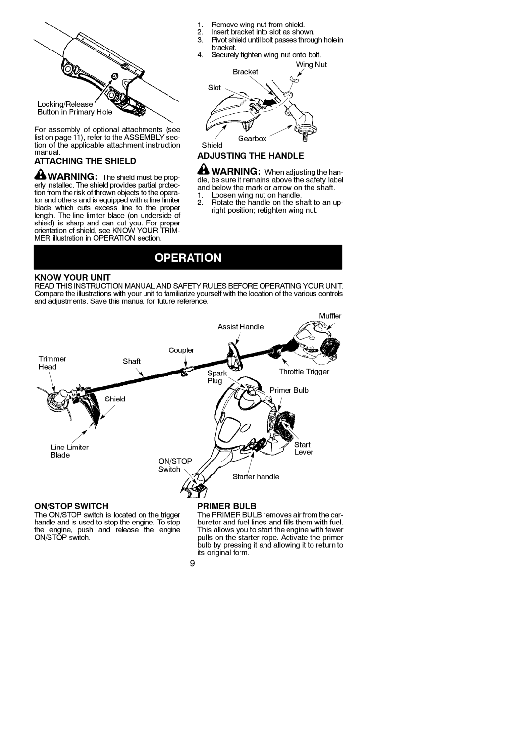 Poulan 115270526 Operation, Attaching the Shield Adjusting the Handle, Know Your Unit, ON/STOP Switch, Primer Bulb 