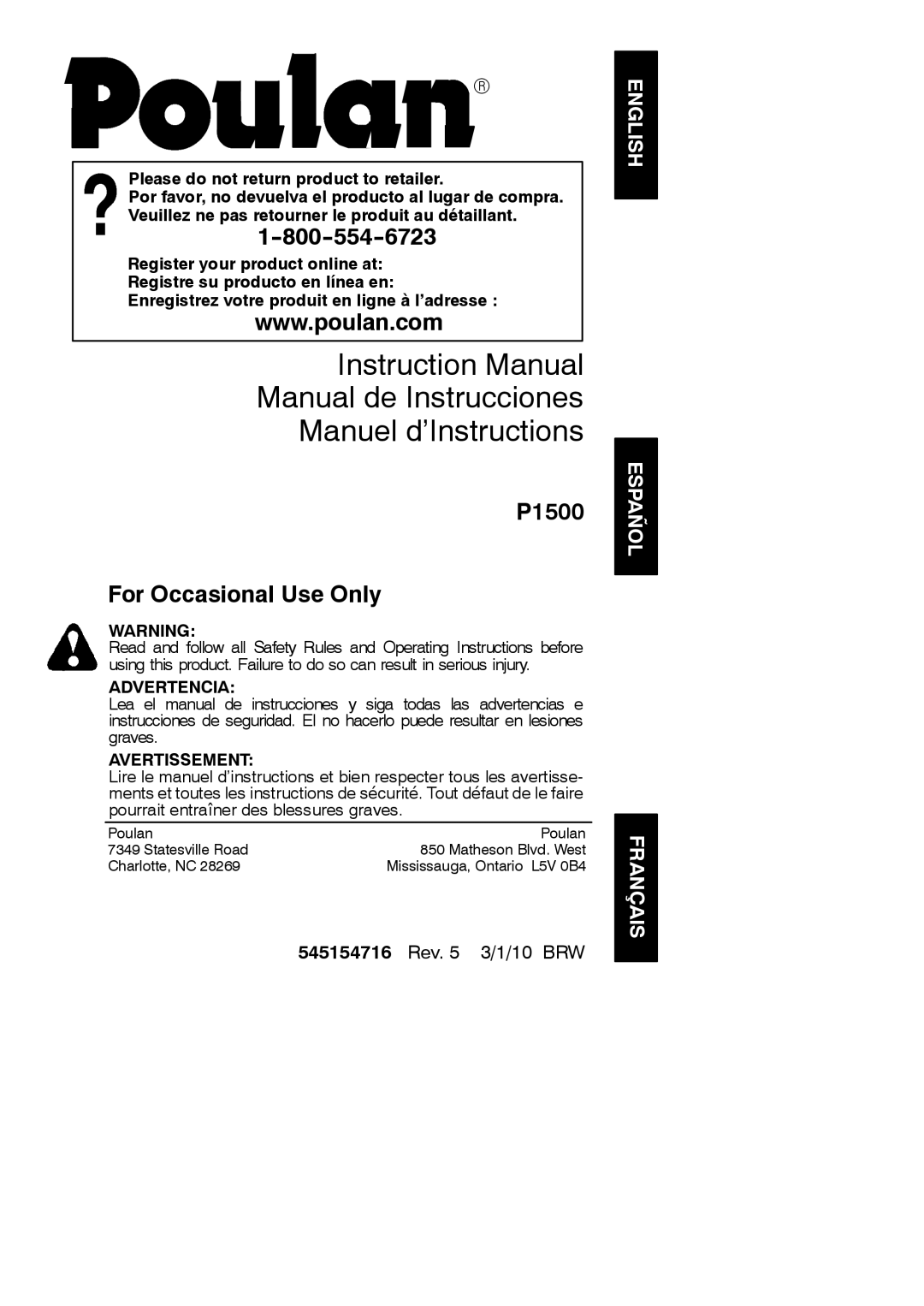 Poulan 952711930 instruction manual Manual de Instrucciones Manuel d’Instructions 