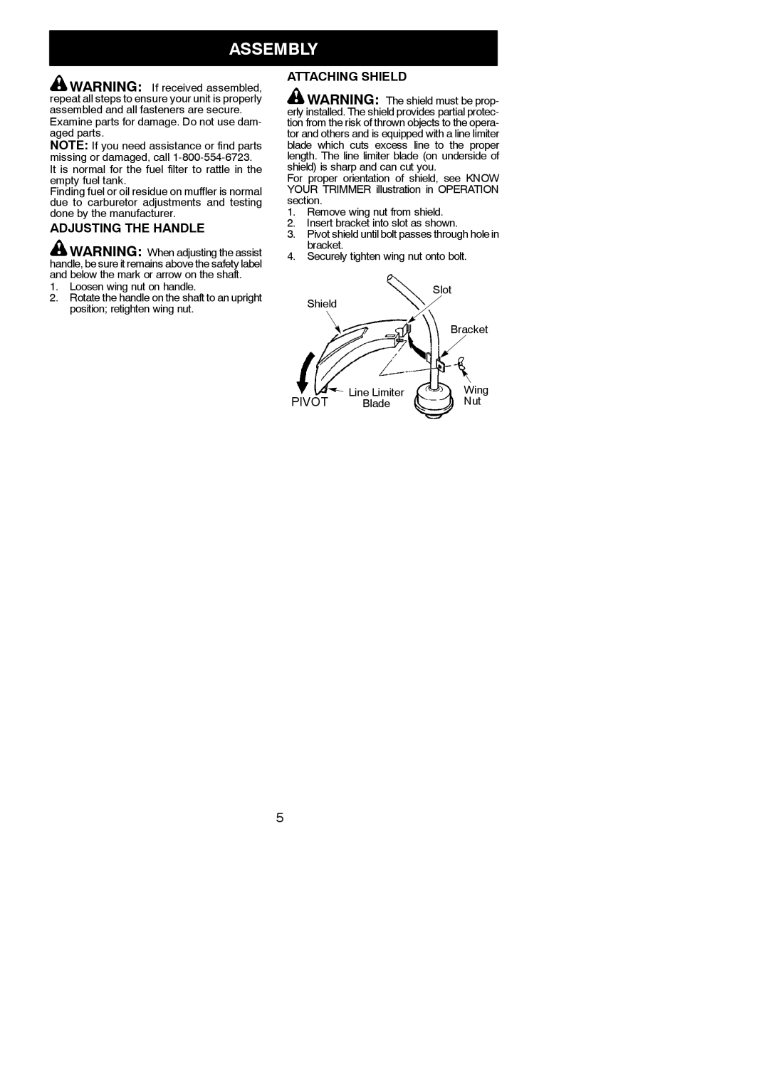 Poulan 952711930 instruction manual Assembly, Adjusting the Handle, Attaching Shield, Nut 