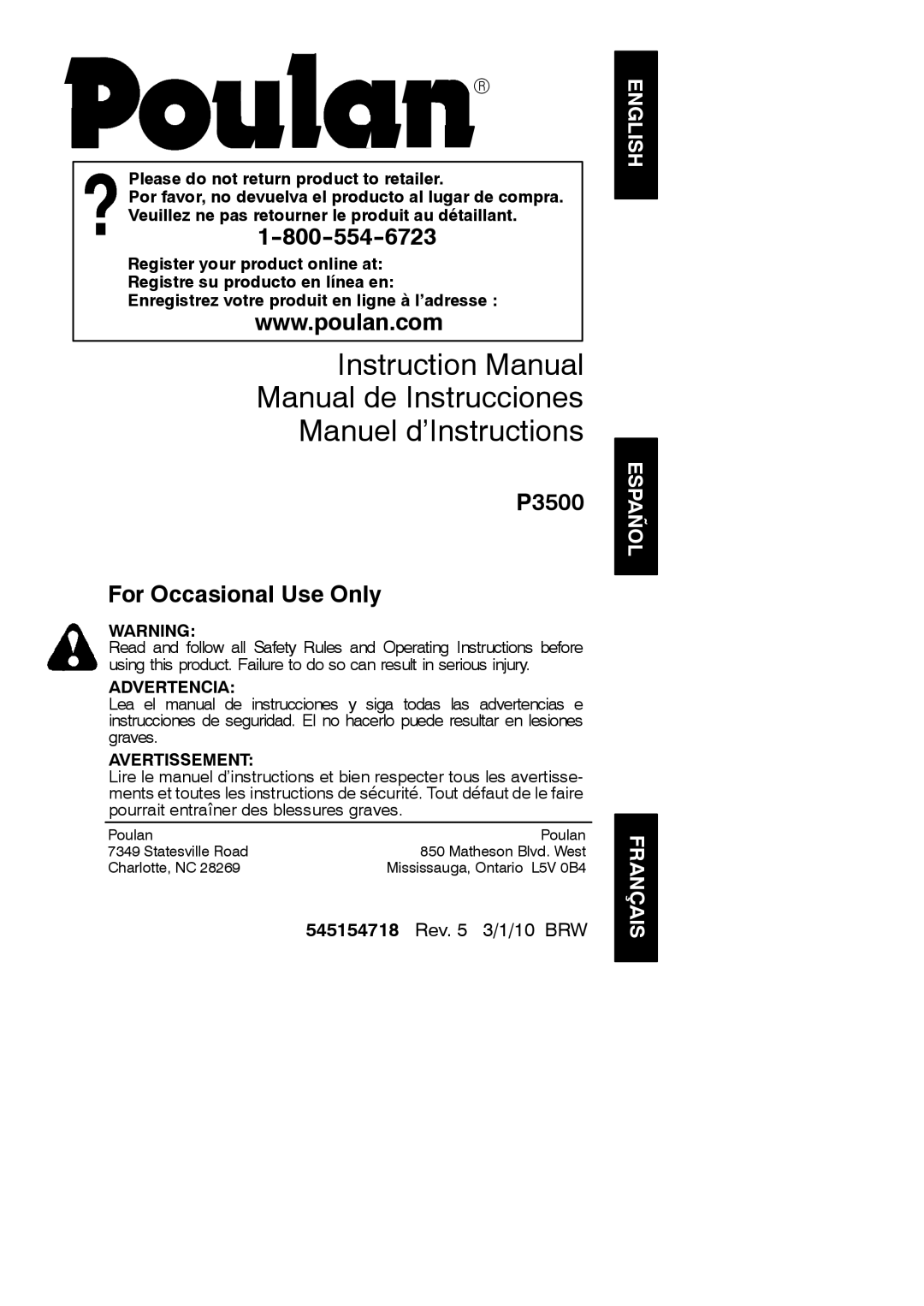 Poulan 952711932 instruction manual Manual de Instrucciones Manuel d’Instructions 