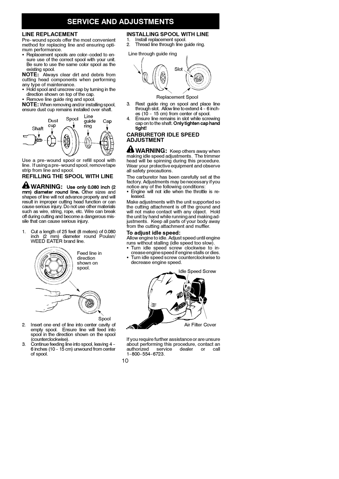 Poulan 952711932 Service and Adjustments, Line Replacement, Refilling the Spool with Line, Installing Spool with Line 