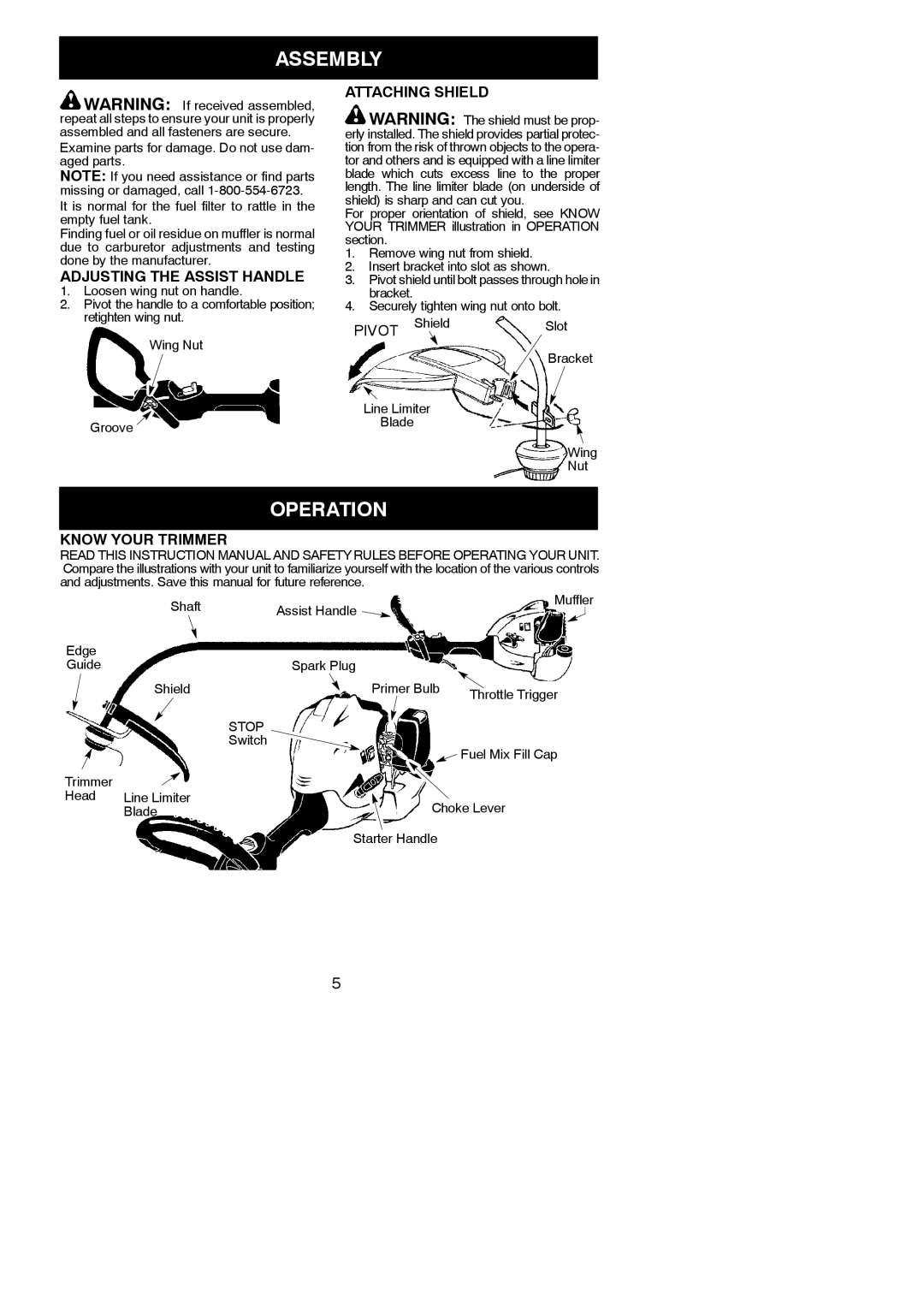 Poulan 952711932 instruction manual Assembly, Operation, Adjusting the Assist Handle, Attaching Shield, Know Your Trimmer 