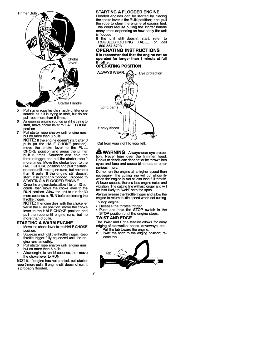 Poulan 952711932 Operating Instructions, Starting A Warm Engine, Starting A Flooded Engine, Operating Position 