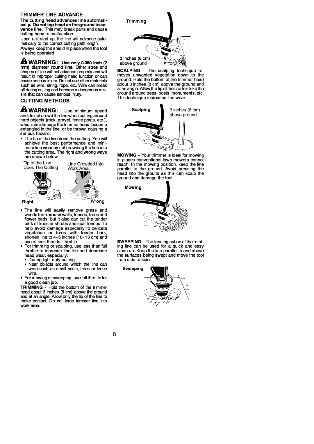 Poulan 952711932 Trimmer Line Advance, Cutting Methods, WARNING Use only 0.080 inch, RightWrong, Trimming, Scalping 