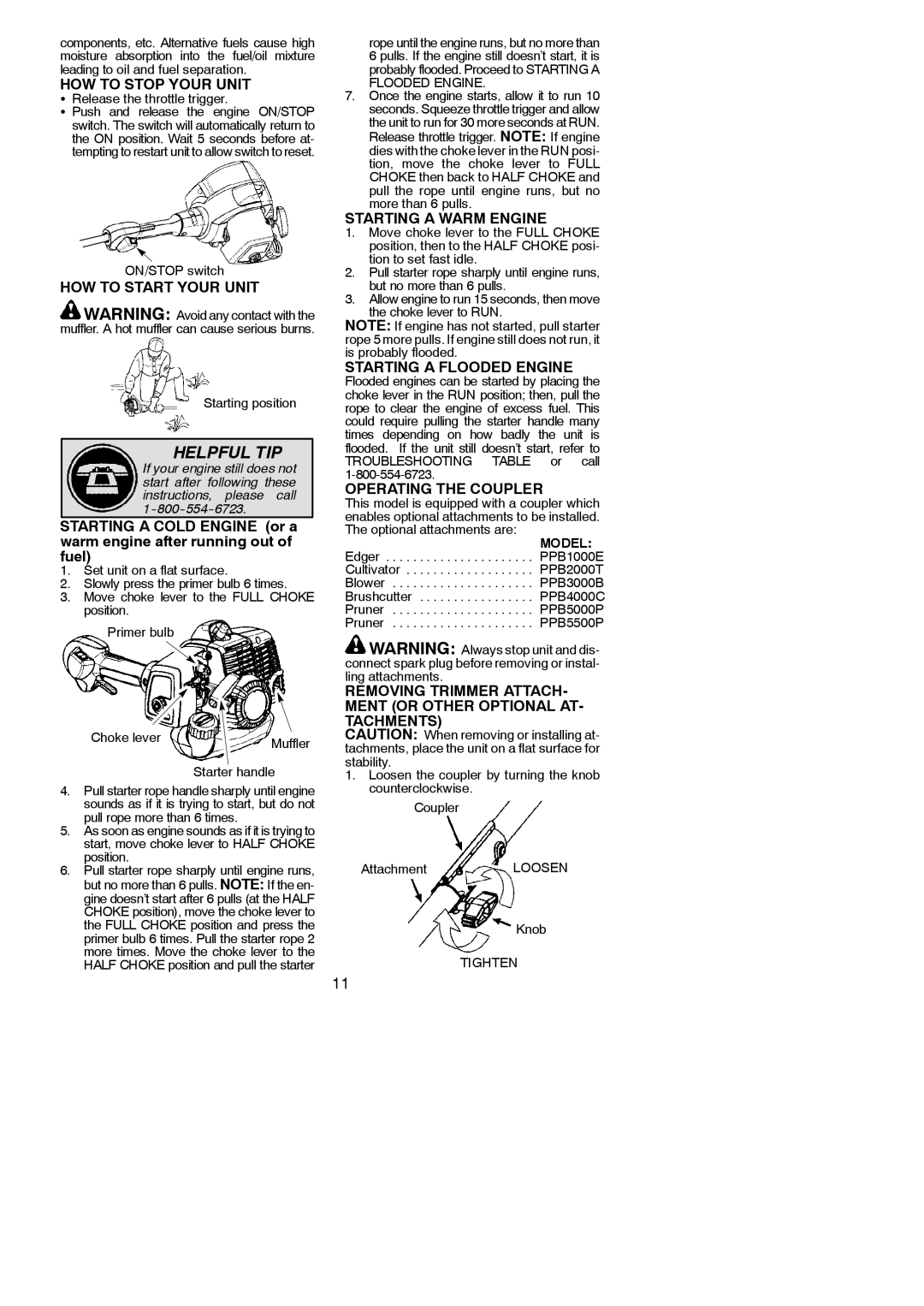 Poulan 115248726 HOW to Stop Your Unit, HOW to Start Your Unit, Starting a Warm Engine, Starting a Flooded Engine 