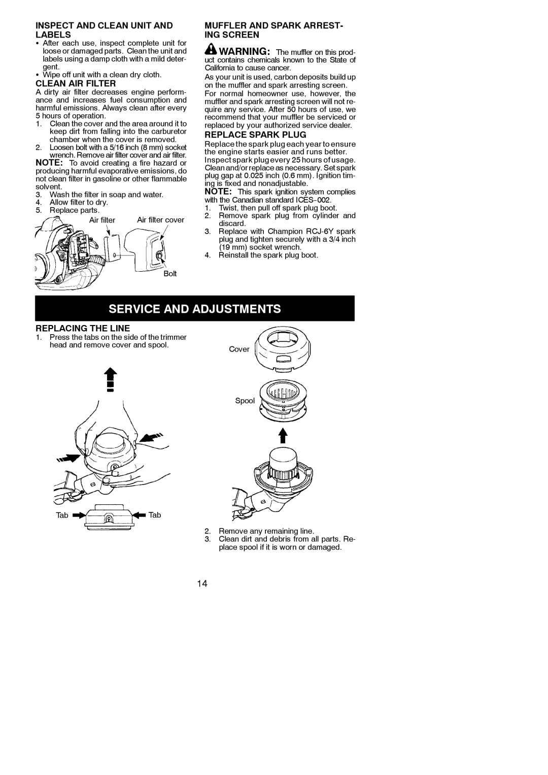 Poulan 952711943, 115248726 instruction manual Service and Adjustments 