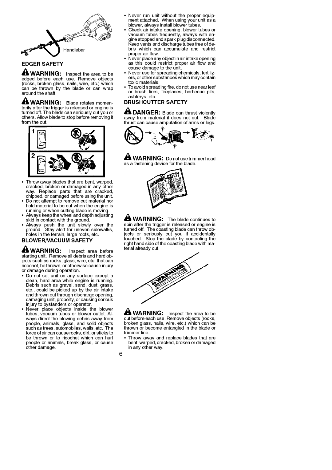 Poulan 952711943, 115248726 instruction manual Edger Safety, BLOWER/VACUUM Safety, Brushcutter Safety, Handlebar 