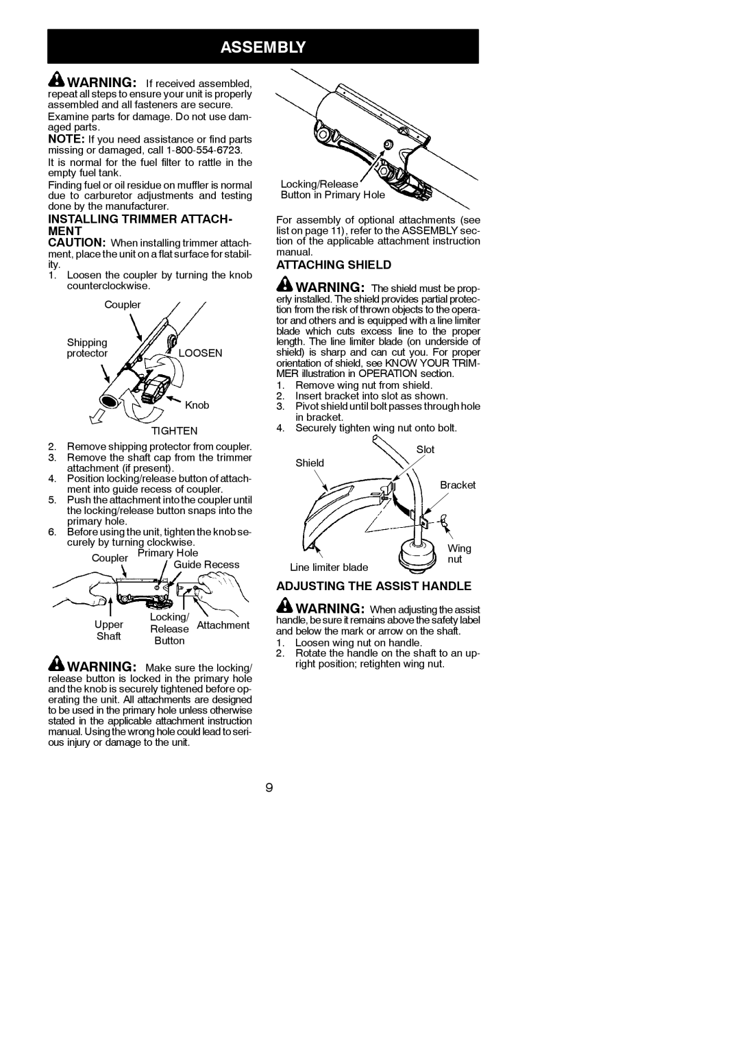 Poulan 115248726, 952711943 Assembly, Installing Trimmer ATTACH- Ment, Attaching Shield, Adjusting the Assist Handle 