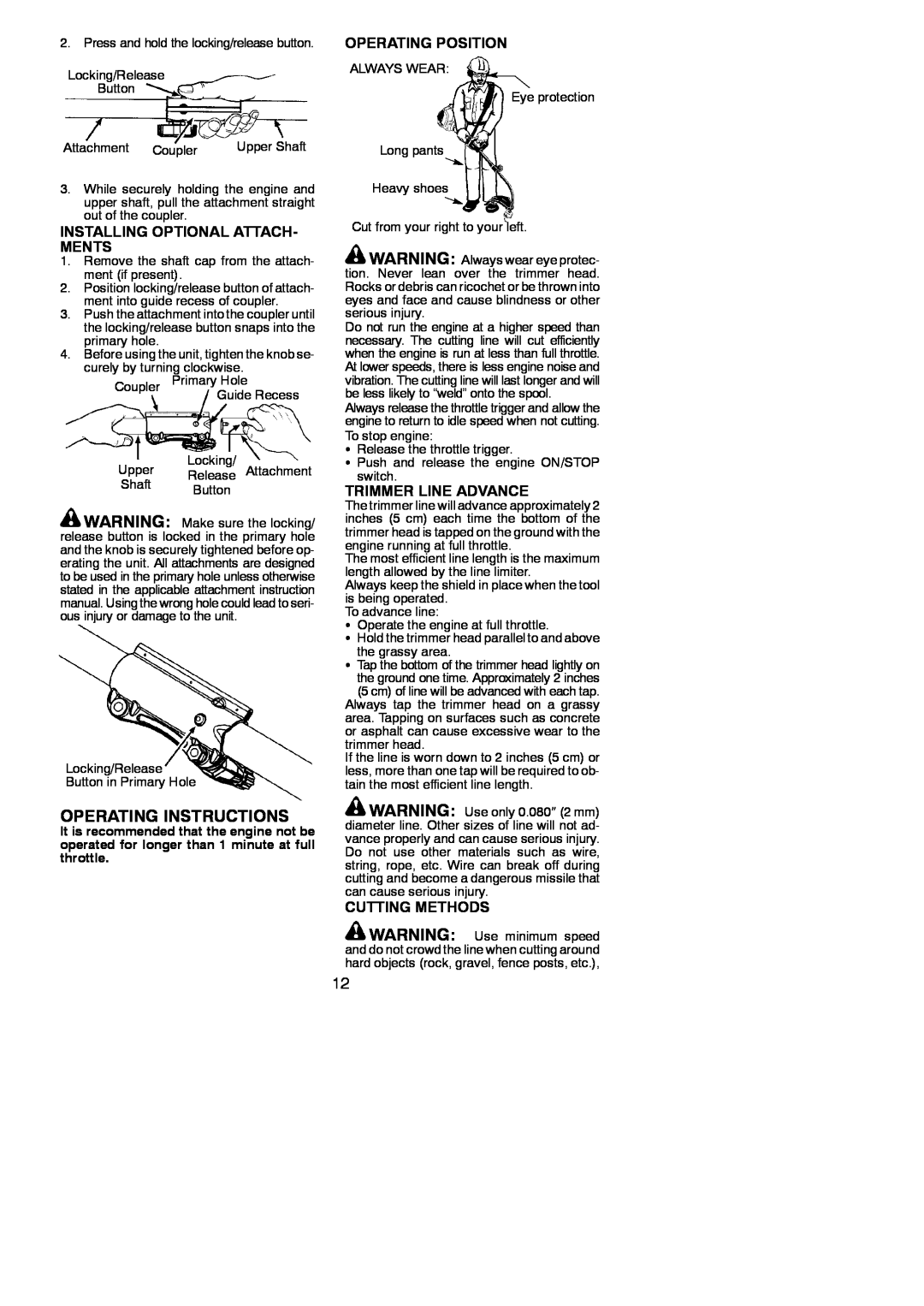 Poulan 952711943 Operating Instructions, Installing Optional Attach- Ments, Operating Position, Trimmer Line Advance 
