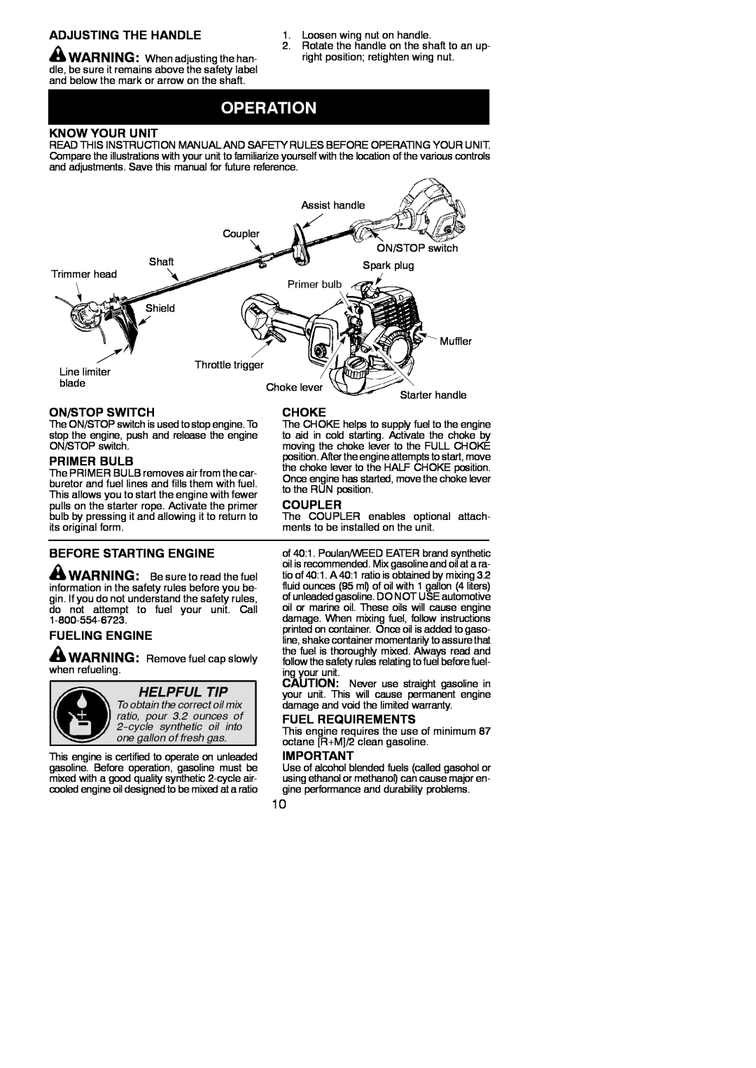 Poulan 952711944 Operation, Helpful Tip, Adjusting The Handle, Know Your Unit, On/Stop Switch, Choke, Primer Bulb, Coupler 