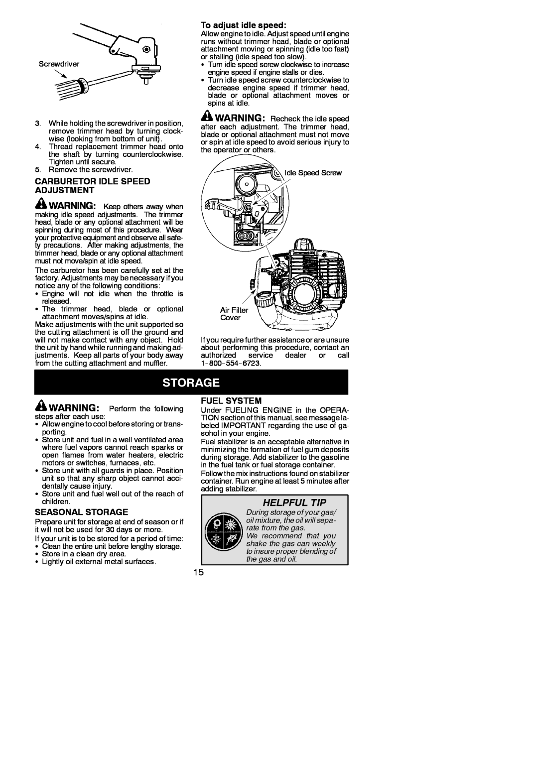 Poulan 115248826 Helpful Tip, Carburetor Idle Speed Adjustment, To adjust idle speed, Seasonal Storage, Fuel System 