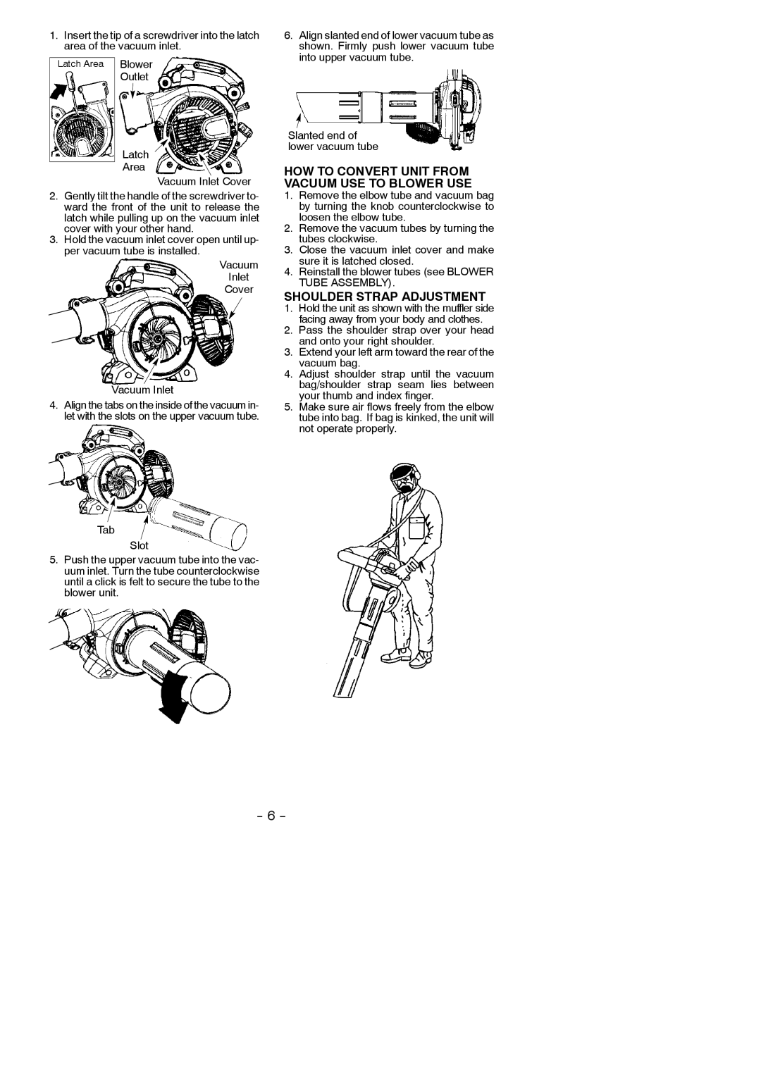 Poulan 952711945, 115351327 instruction manual HOW to Convert Unit from Vacuum USE to Blower USE, Shoulder Strap Adjustment 