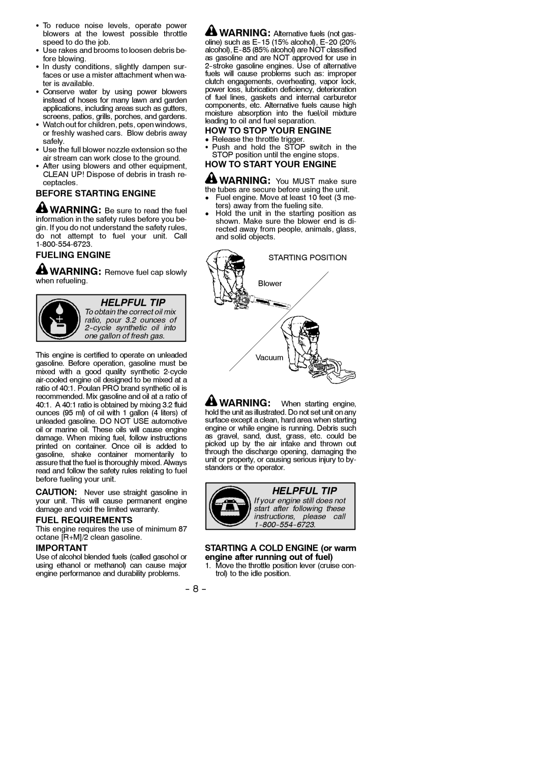 Poulan 952711945 Before Starting Engine Fueling Engine, Fuel Requirements, HOW to Stop Your Engine, Blower Vacuum 