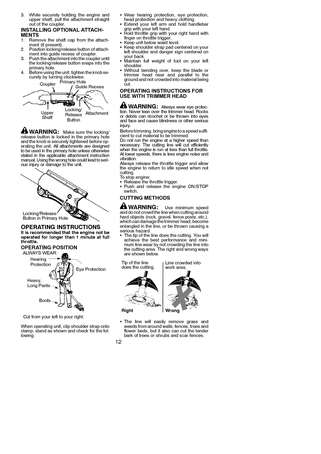 Poulan 952711951 Installing Optional ATTACH- Ments, Operating Position, Operating Instructions for USE with Trimmer Head 