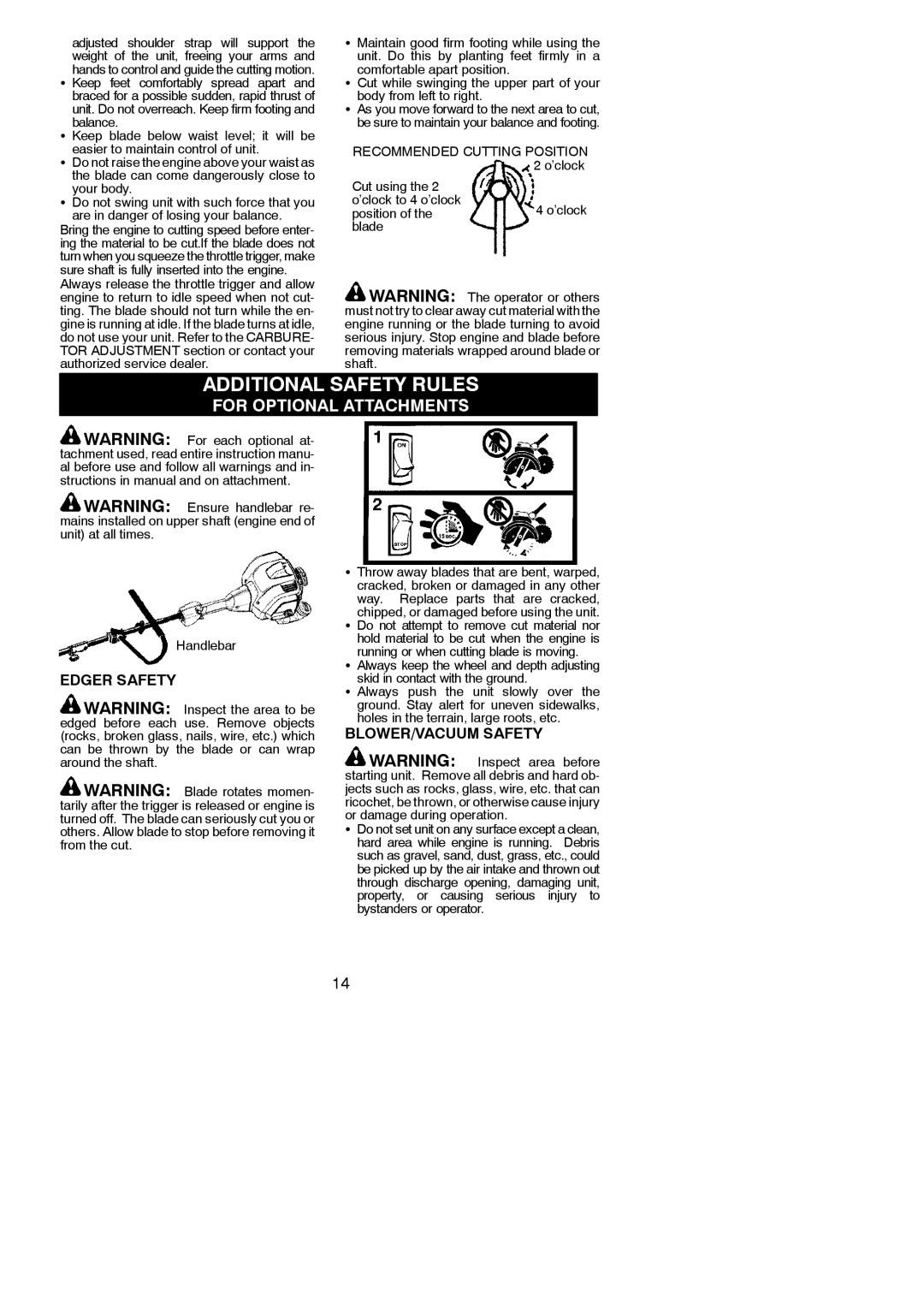 Poulan 952711951, 115249326 Additional Safety Rules, Edger Safety, BLOWER/VACUUM Safety, Recommended Cutting Position 