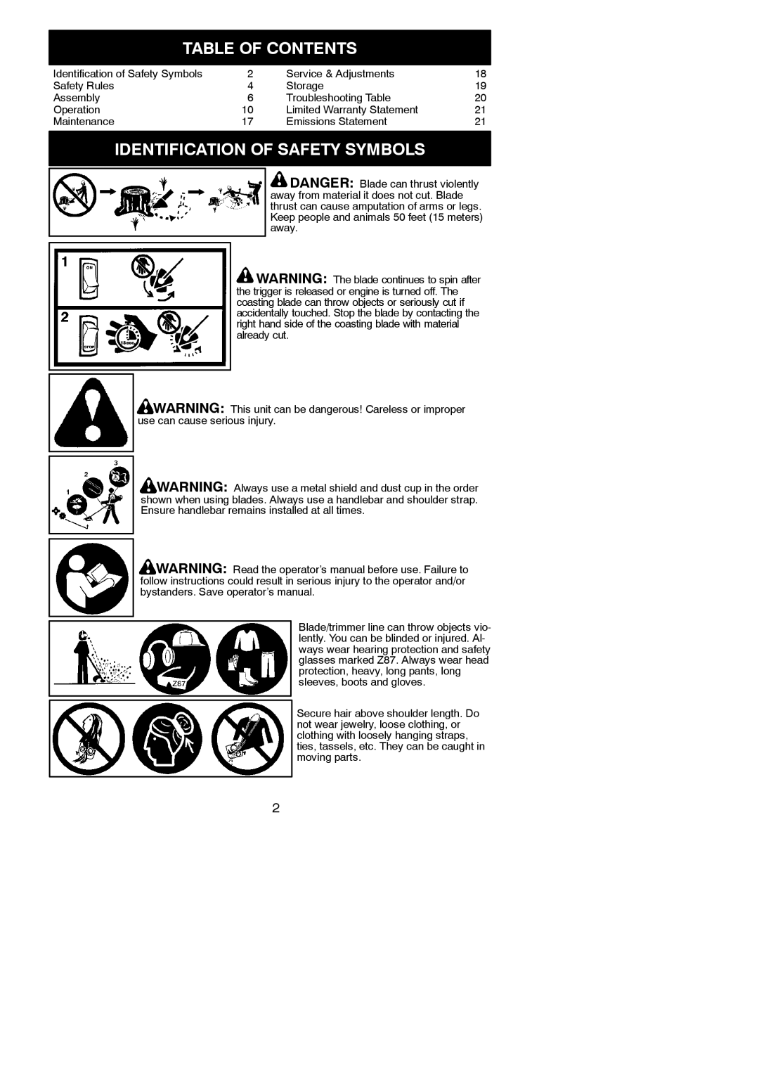 Poulan 952711951, 115249326 instruction manual Table of Contents, Identification of Safety Symbols 