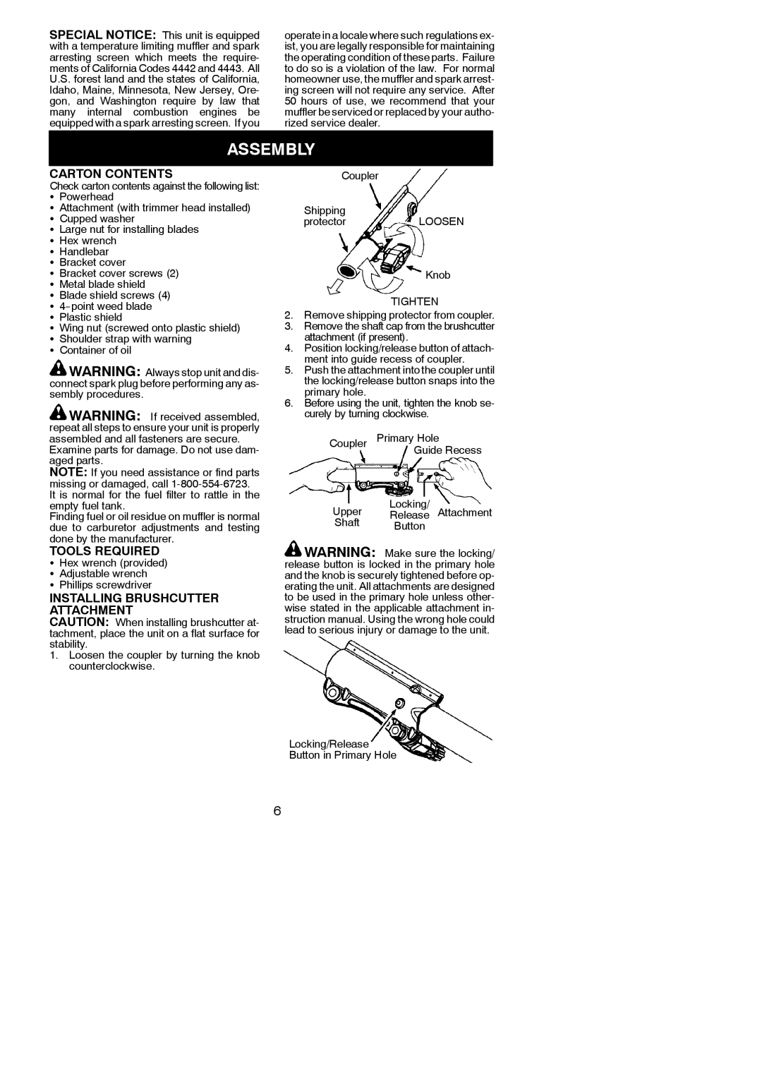 Poulan 952711951, 115249326 instruction manual Assembly, Carton Contents, Tools Required, Installing Brushcutter Attachment 