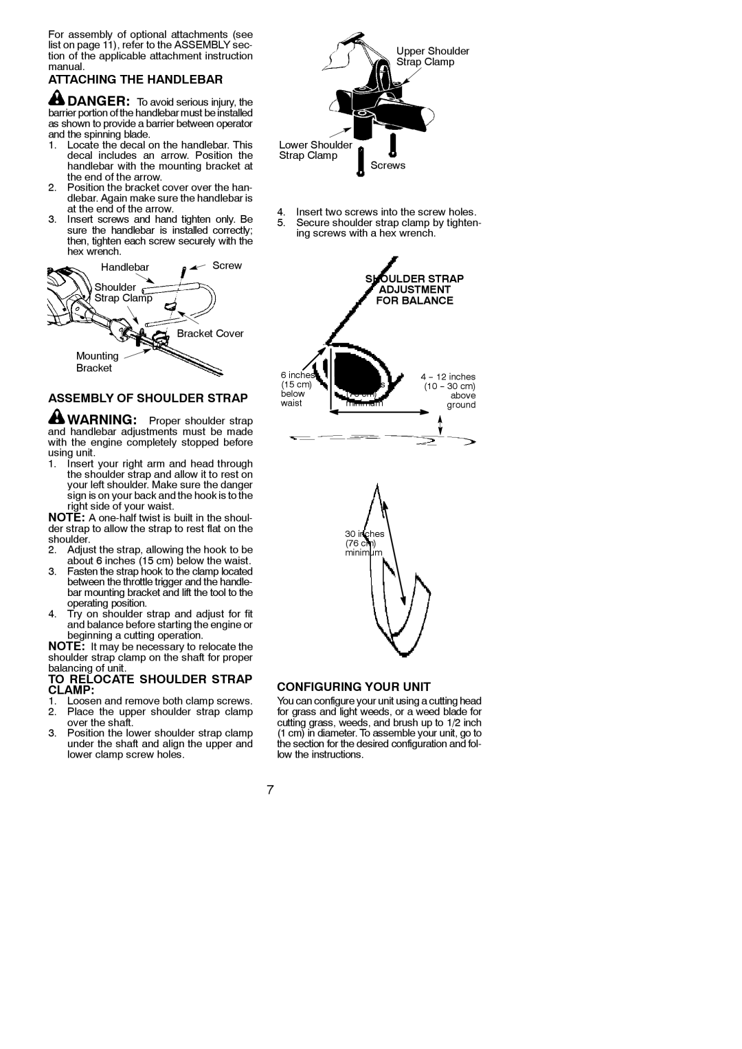 Poulan 115249326, 952711951 Attaching the Handlebar, Assembly of Shoulder Strap, To Relocate Shoulder Strap Clamp 