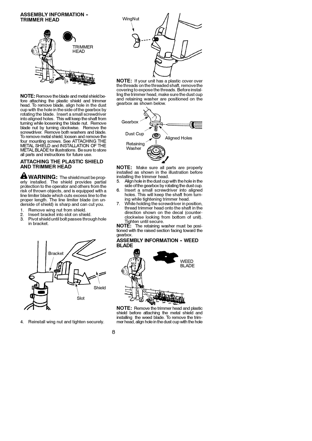 Poulan 952711951, 115249326 Assembly Information Trimmer Head, Attaching the Plastic Shield and Trimmer Head, Weed Blade 