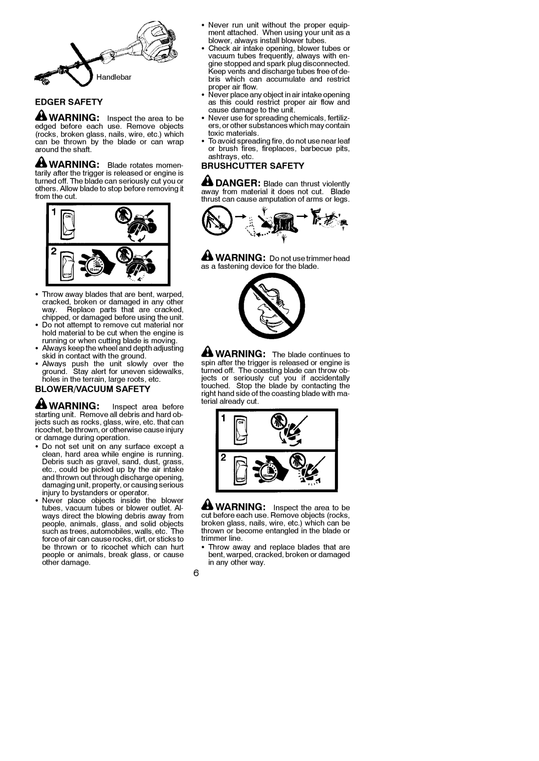 Poulan 952711961 instruction manual Edger Safety, BLOWER/VACUUM Safety, Brushcutter Safety, Handlebar 