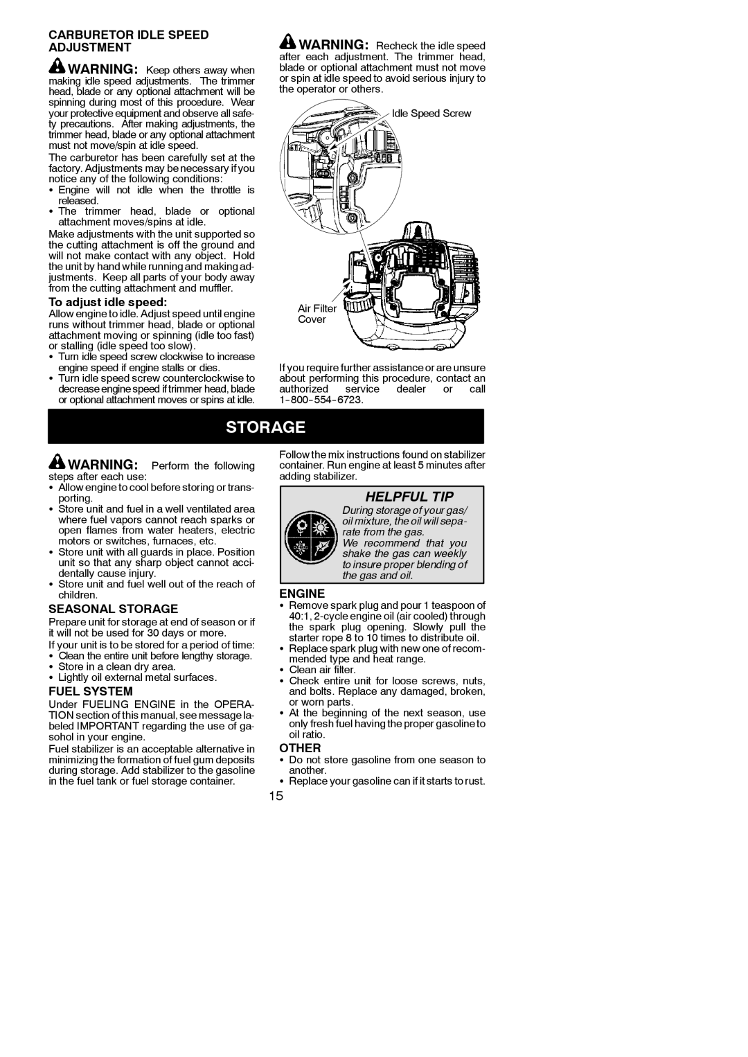 Poulan 115249526, 952711962 Carburetor Idle Speed Adjustment, Seasonal Storage, Fuel System, Engine, Other 