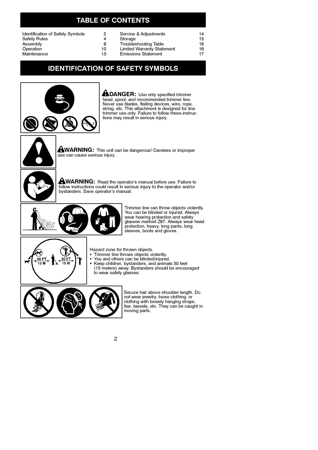 Poulan 952711962, 115249526 instruction manual Table of Contents, Identification of Safety Symbols 