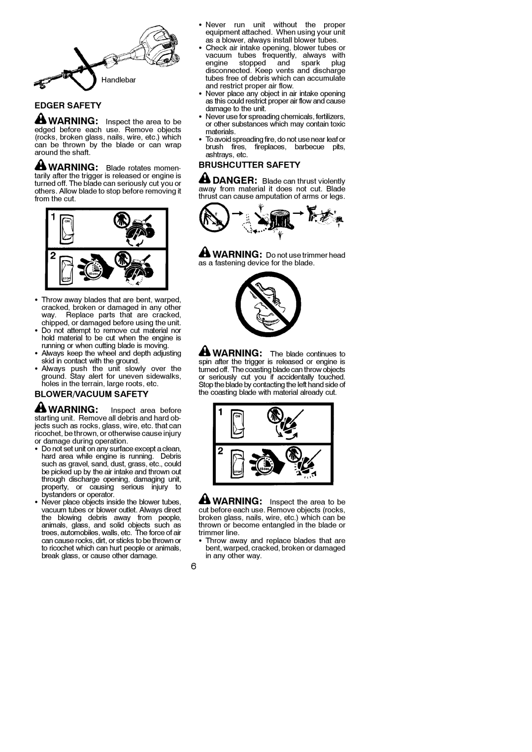 Poulan 952711962 Edger Safety, BLOWER/VACUUM Safety, Brushcutter Safety, Handlebar, Skid in contact with the ground 