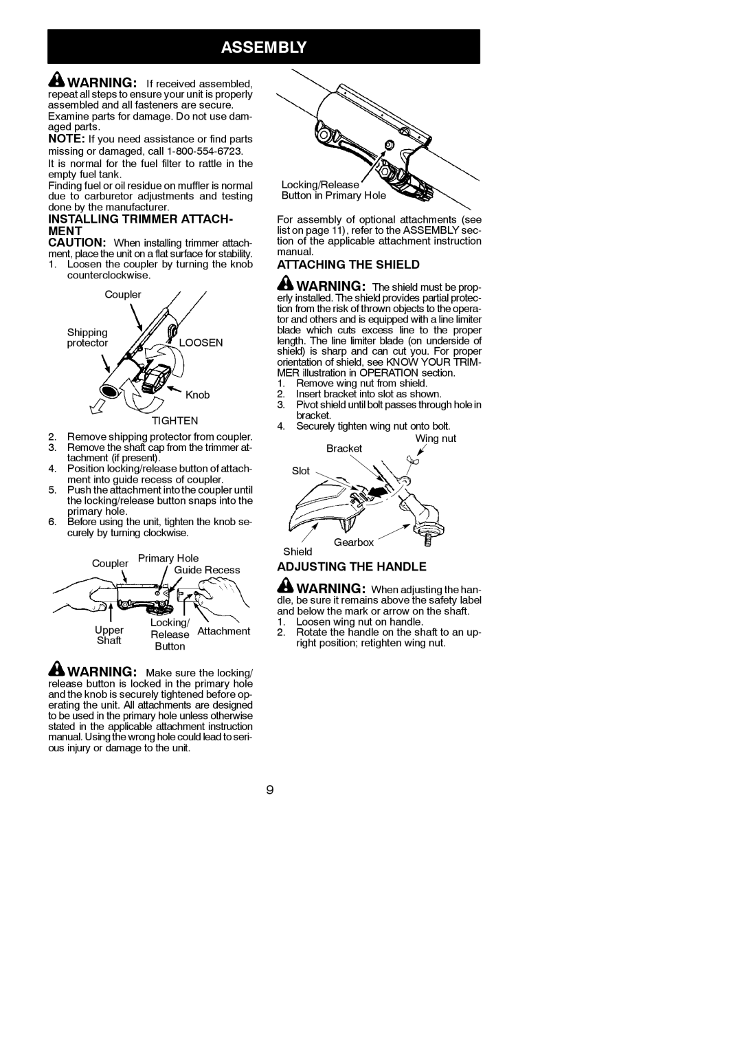 Poulan 115249526, 952711962 Assembly, Installing Trimmer ATTACH- Ment, Attaching the Shield, Adjusting the Handle 