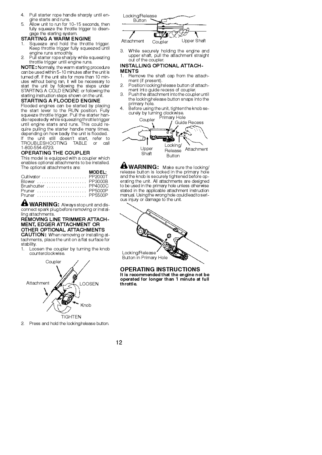 Poulan 952711963 Operating Instructions, Starting a Warm Engine, Starting a Flooded Engine, Operating the Coupler 