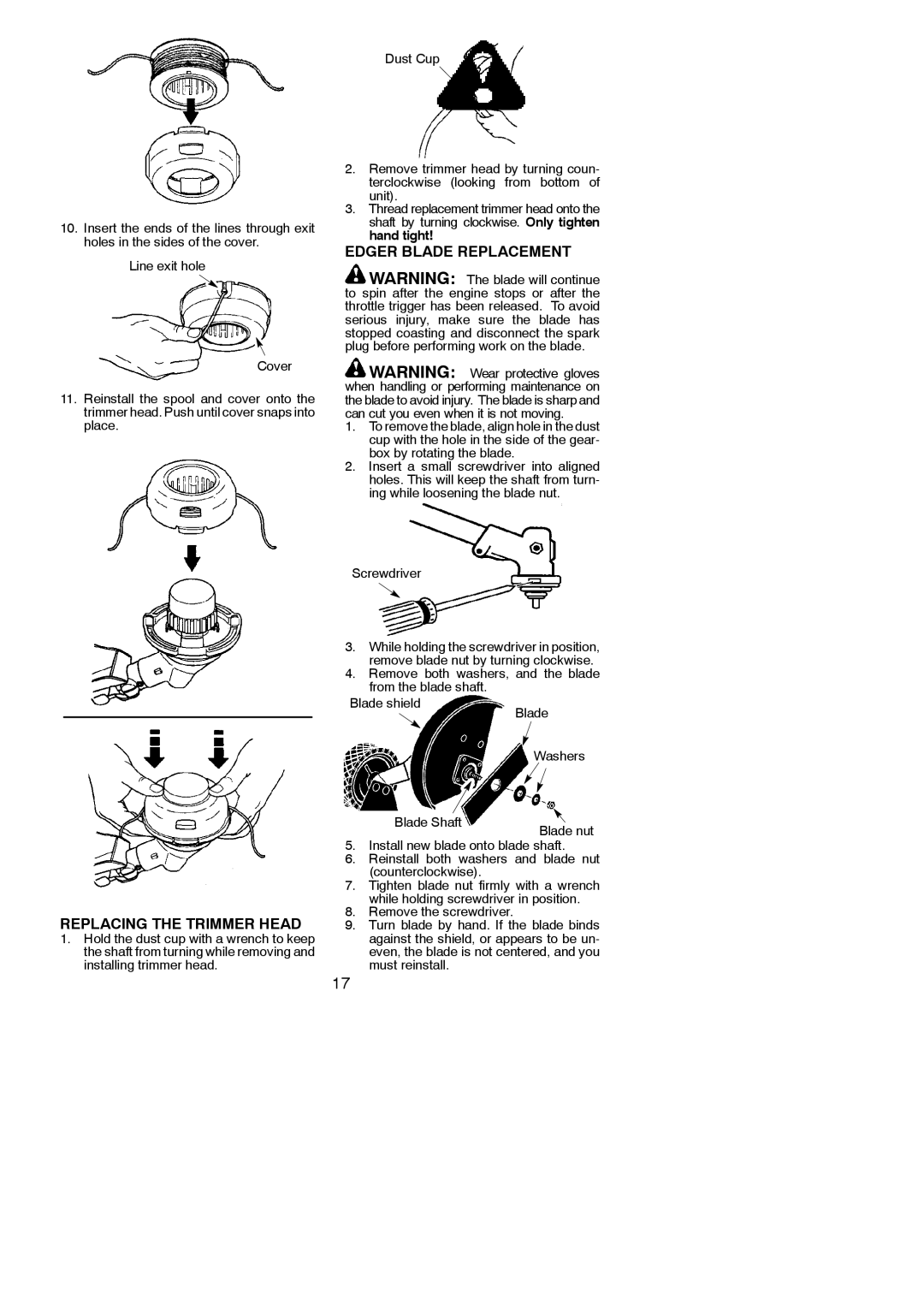 Poulan 115275026, 952711963 instruction manual Edger Blade Replacement, Replacing the Trimmer Head, Screwdriver 