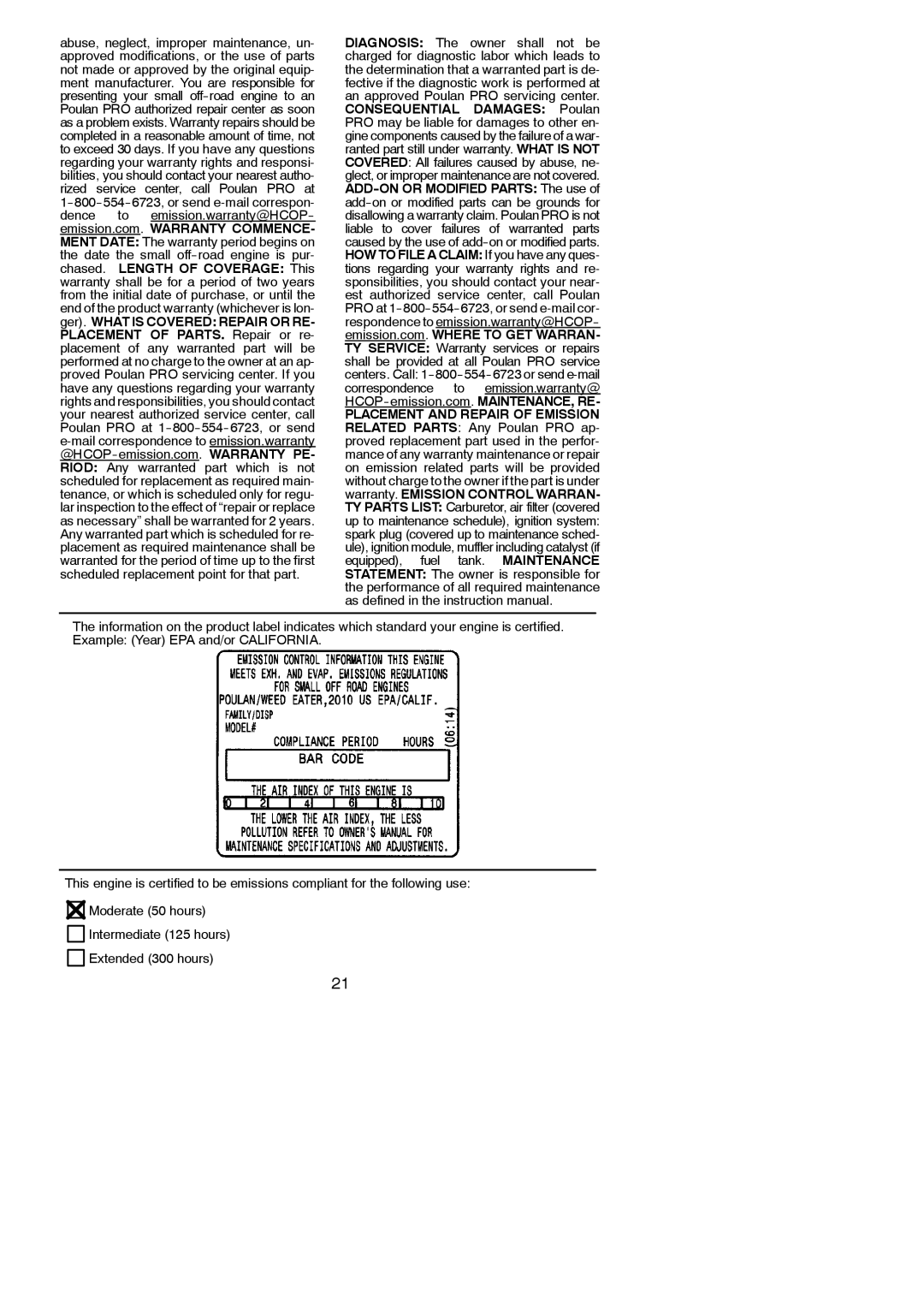 Poulan 115275026, 952711963 instruction manual Placement and Repair of Emission 