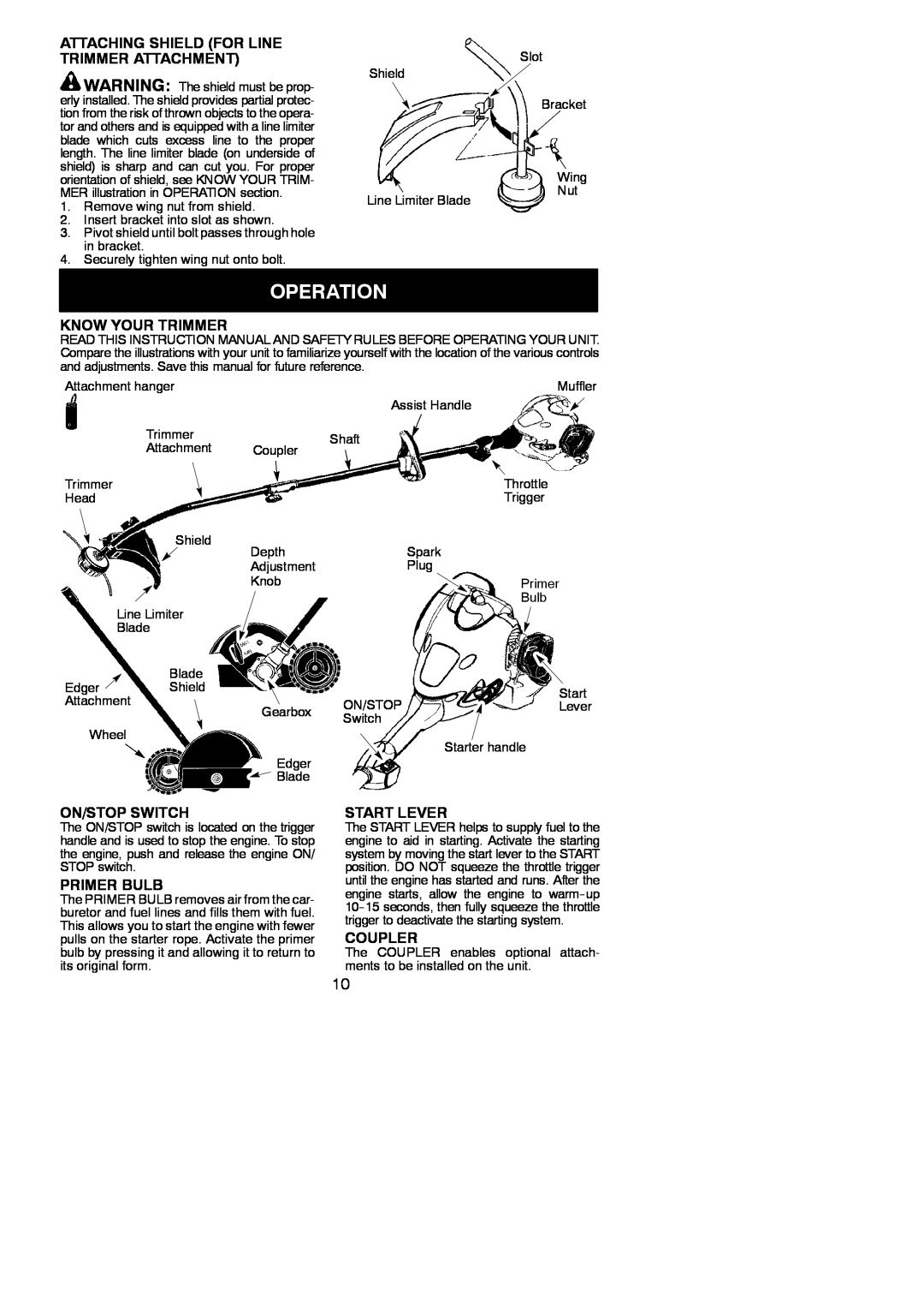 Poulan 952711963 Operation, Attaching Shield For Line Trimmer Attachment, Know Your Trimmer, On/Stop Switch, Primer Bulb 