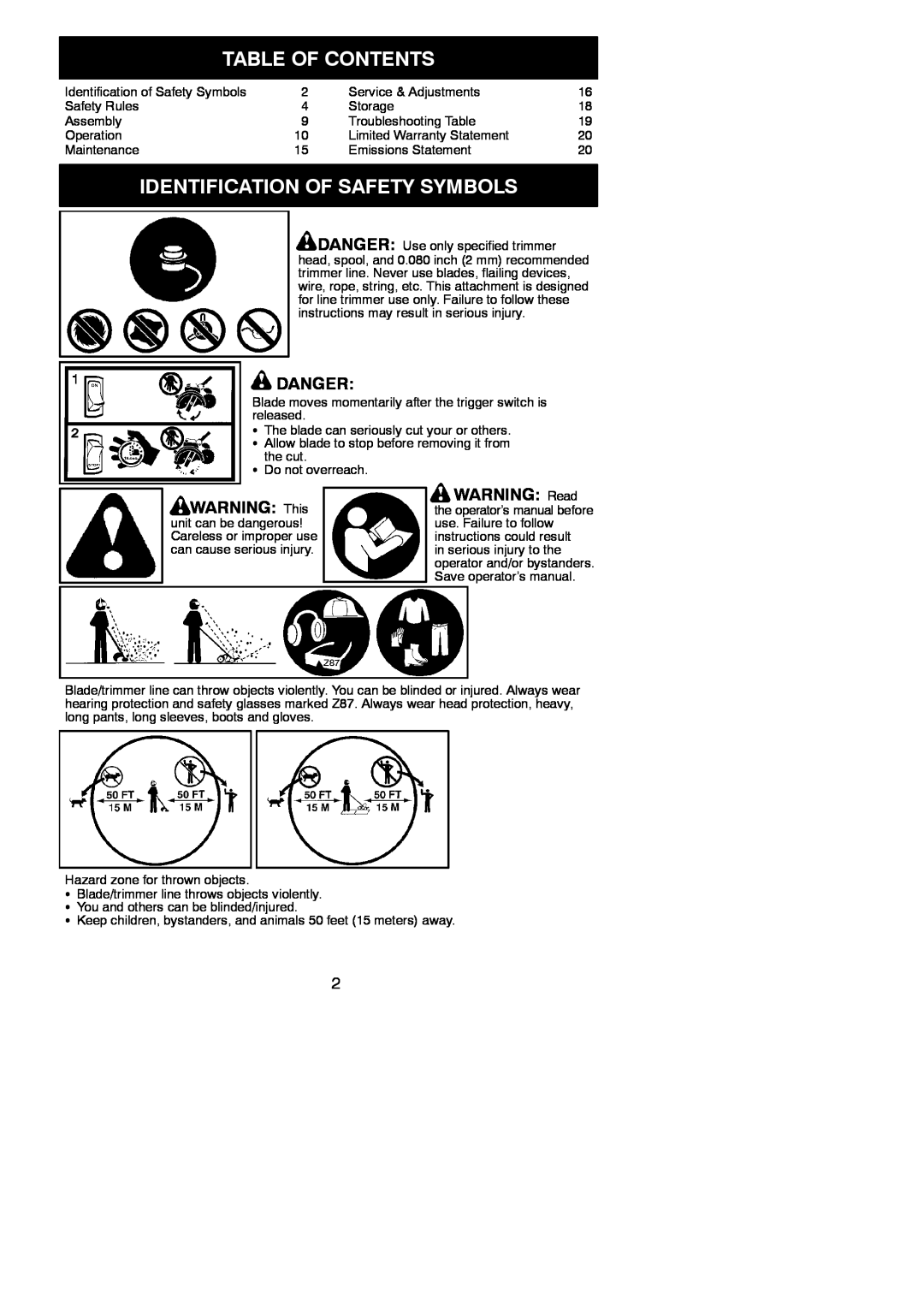 Poulan 952711963, 115275026 Table Of Contents, Identification Of Safety Symbols, Danger, WARNING This, WARNING Read 