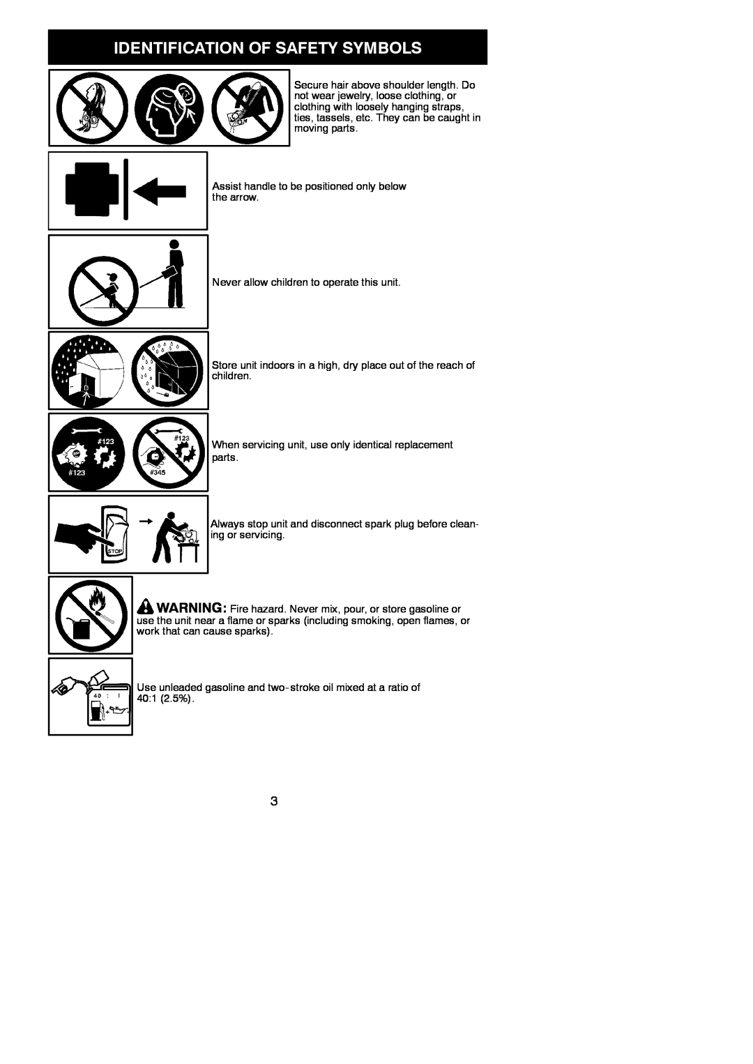 Poulan 115275026, 952711963 Identification Of Safety Symbols, Assist handle to be positioned only below the arrow 