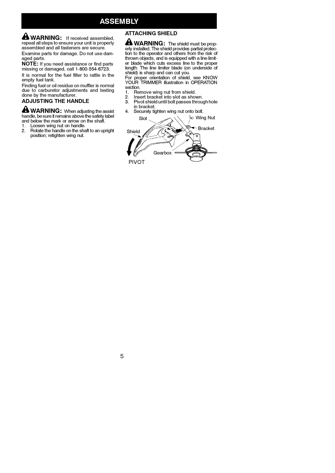 Poulan 952711964 instruction manual Assembly, Adjusting the Handle, Attaching Shield, Shield Bracket Gearbox 