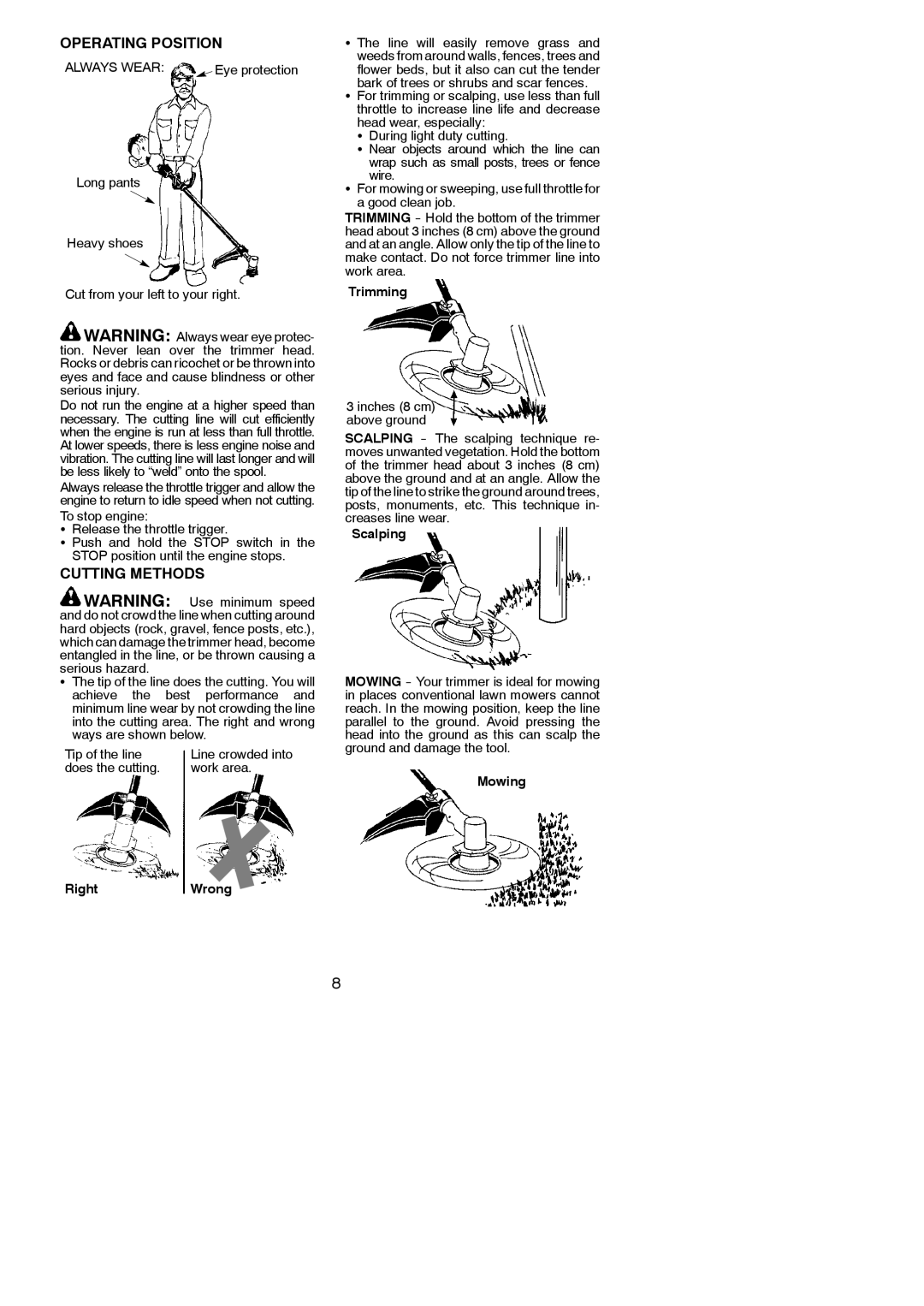 Poulan 952711964 instruction manual Operating Position, Cutting Methods 