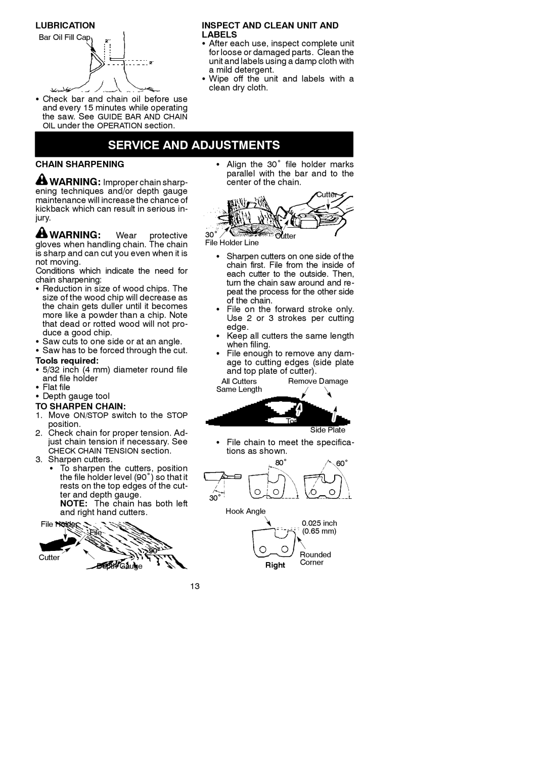 Poulan 952802168, 952801954 Service and Adjustments, Lubrication, Inspect and Clean Unit and Labels, Chain Sharpening 